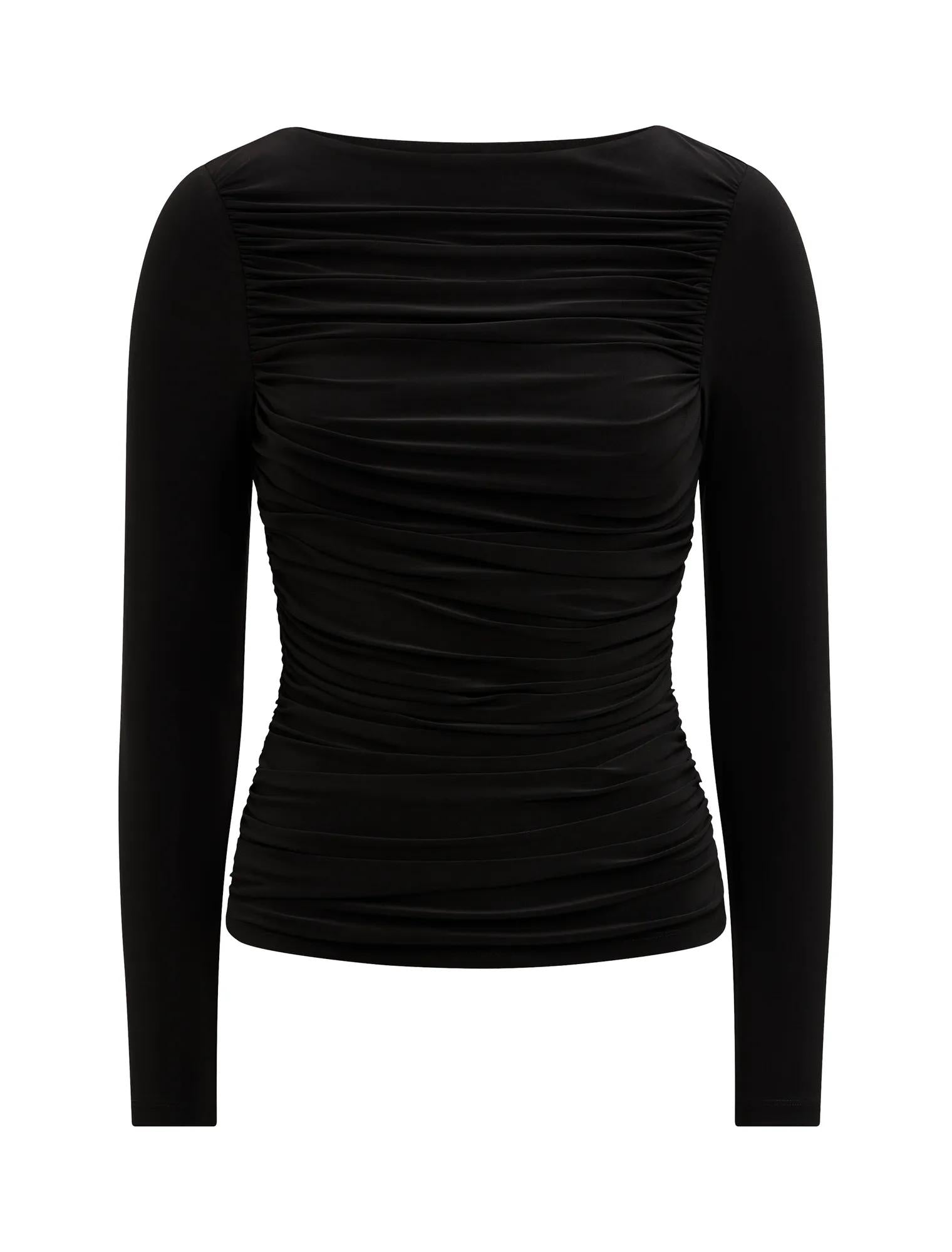 Monica Ruched Boat Neck Top Black_mannequin
