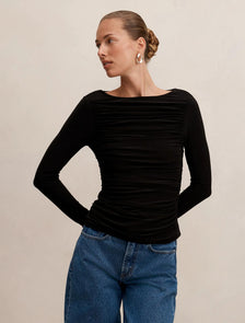 Monica Ruched Boat Neck Top Black