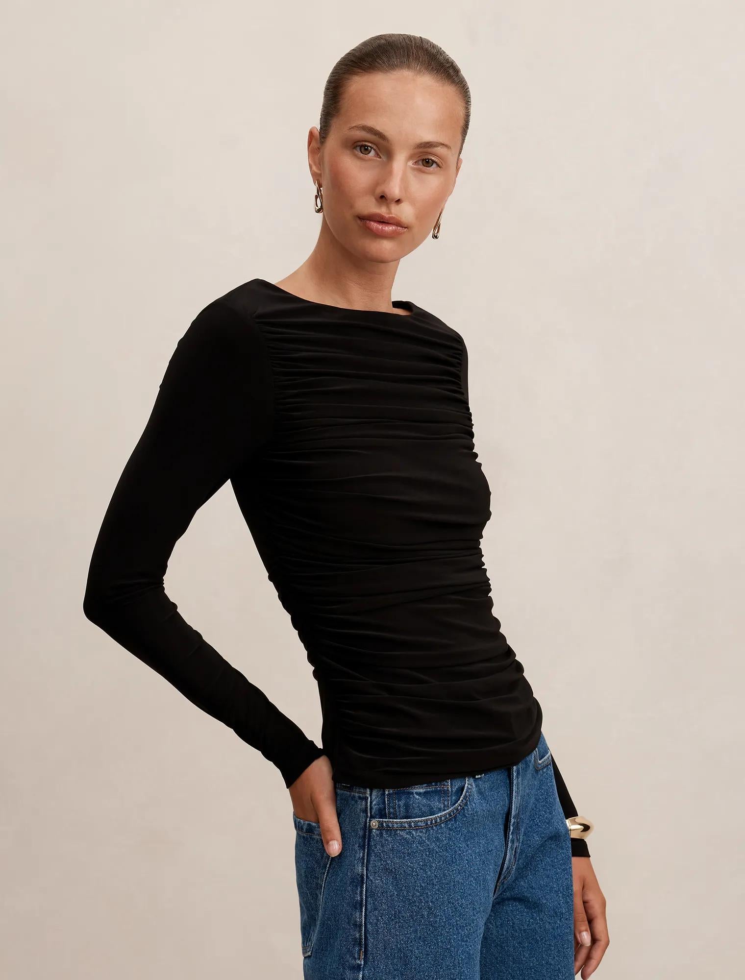 Monica Ruched Boat Neck Top Black