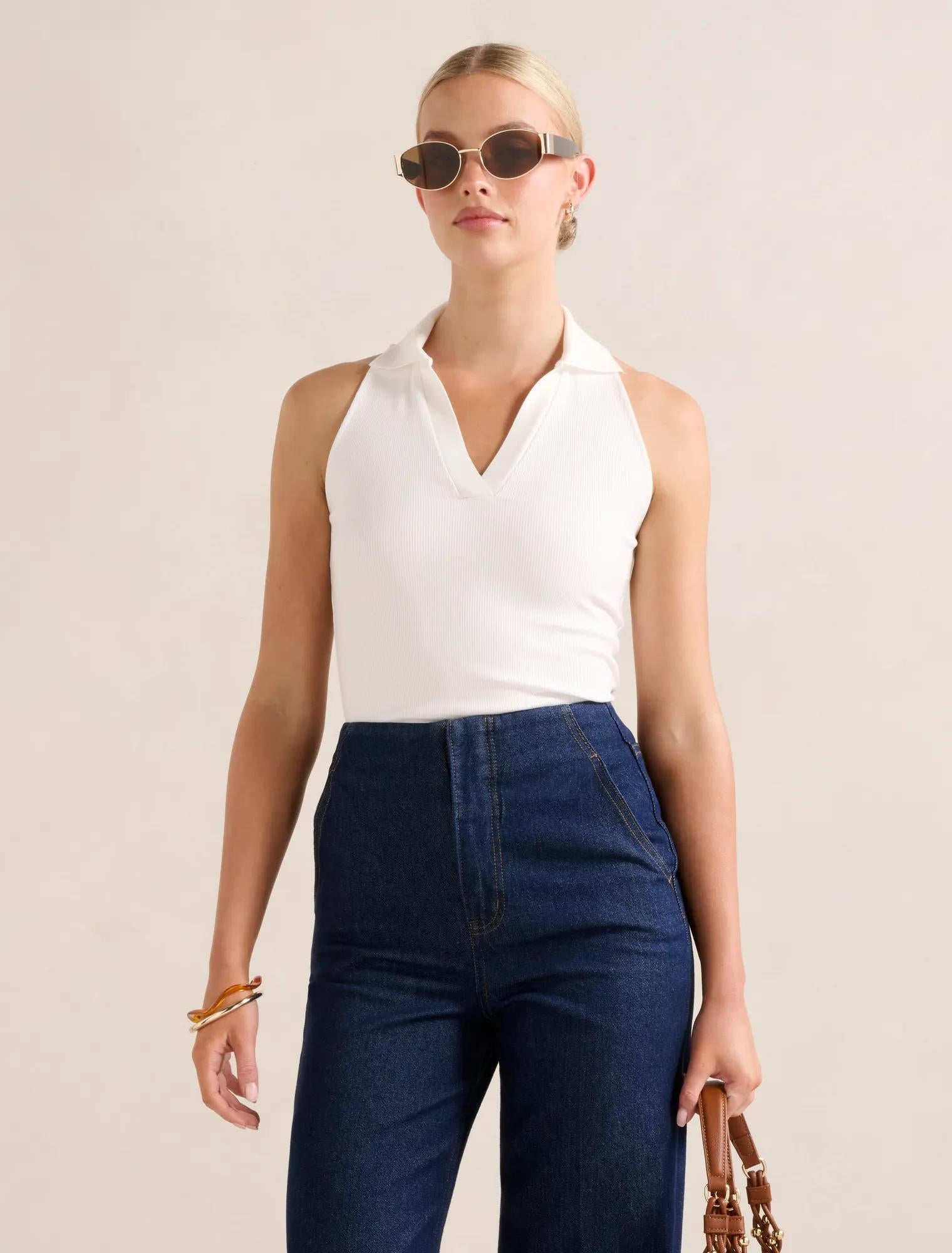 Clover Collared Halter Top Porcelain