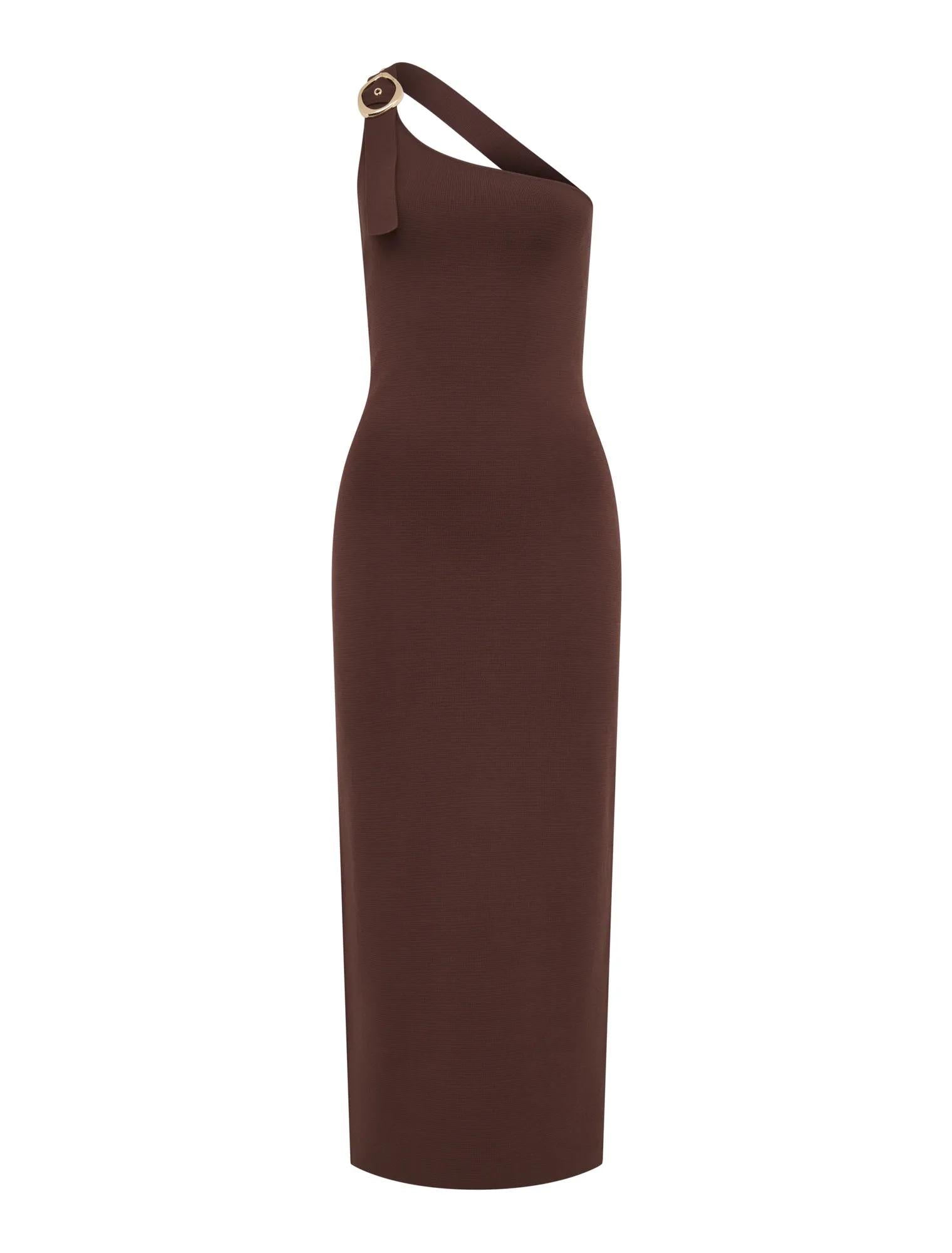 Monroe Asymmetric Knit Dress Chocolate_mannequin