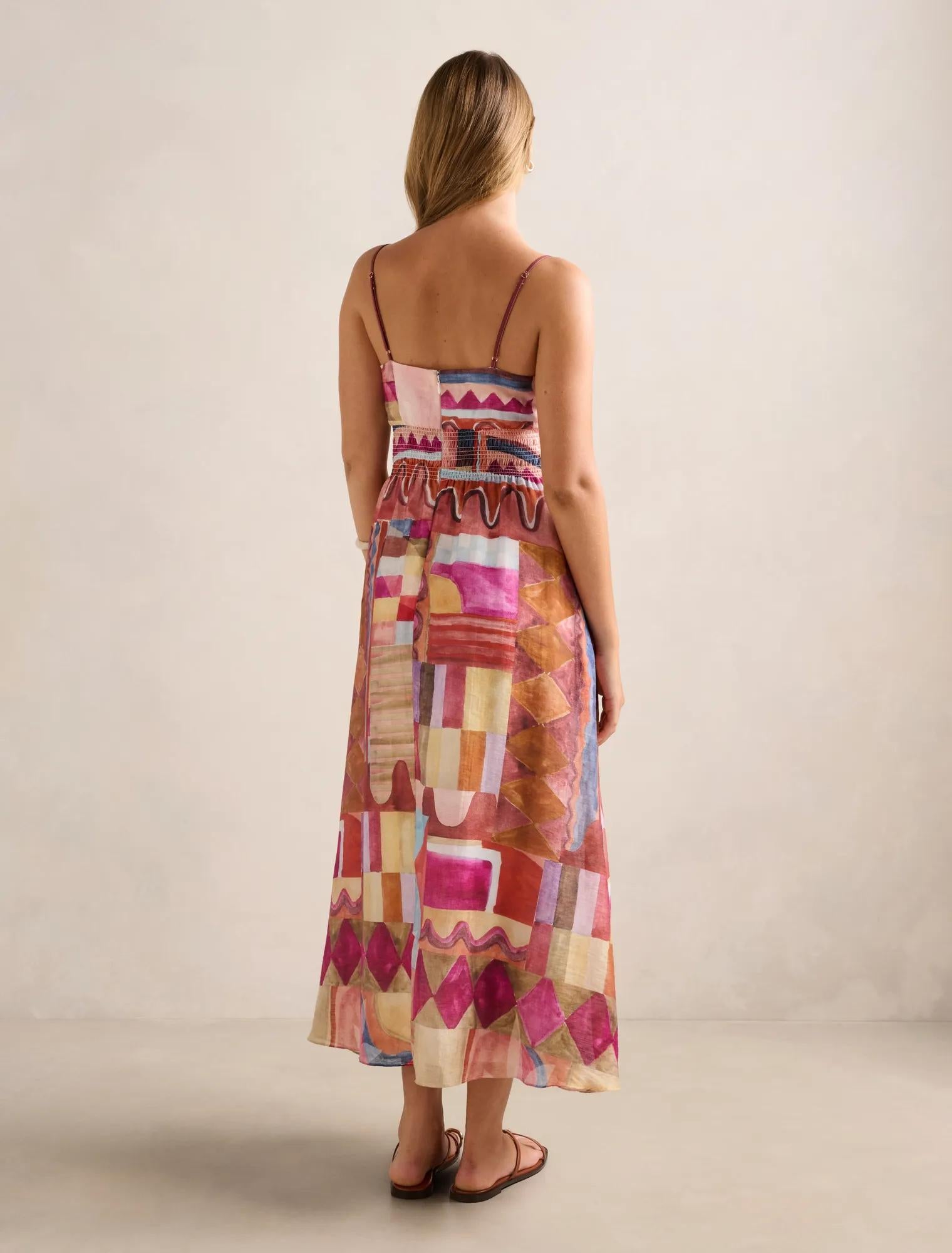 Gina Gathered Waist Midi Dress Otira Abstract