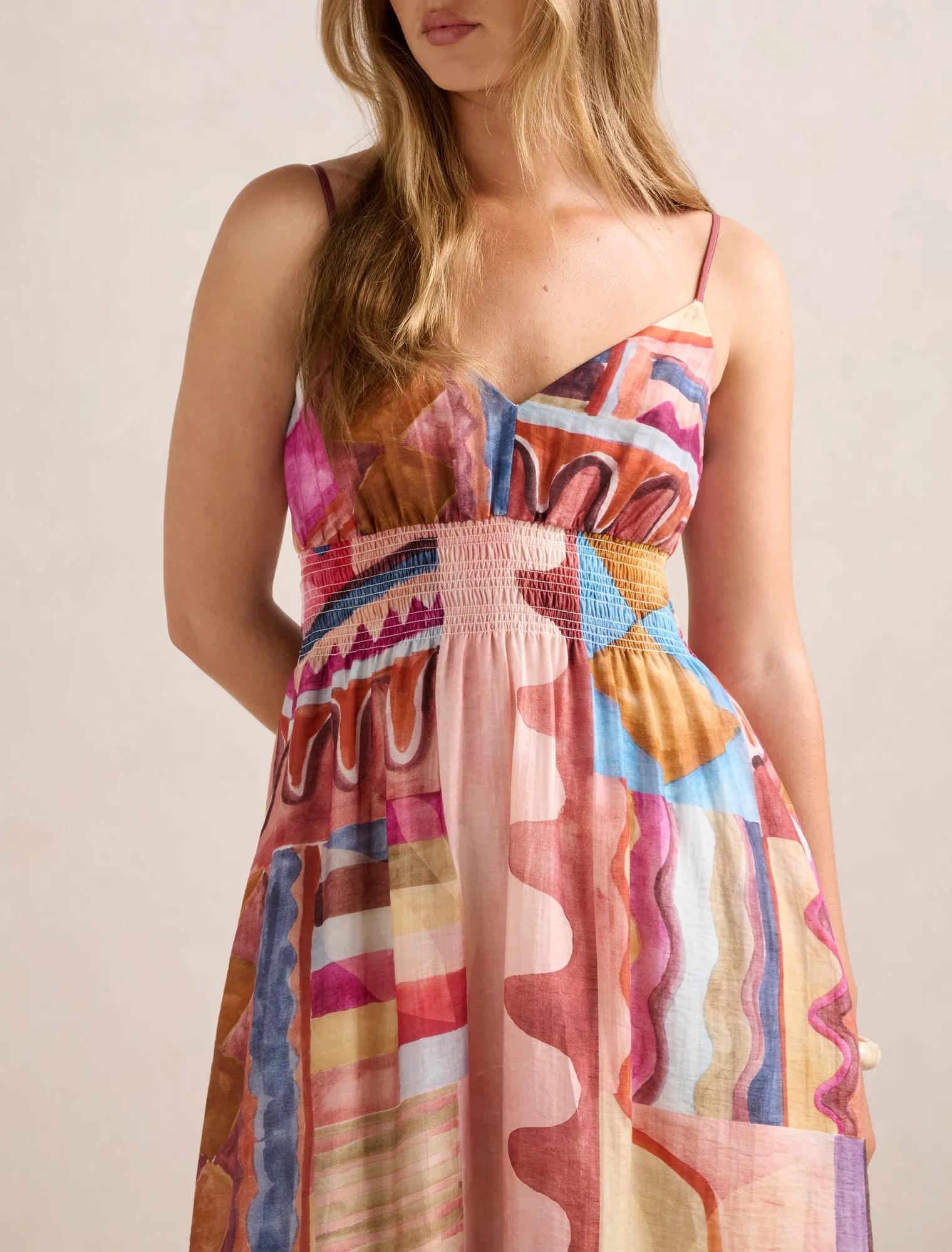 Gina Gathered Waist Midi Dress Otira Abstract