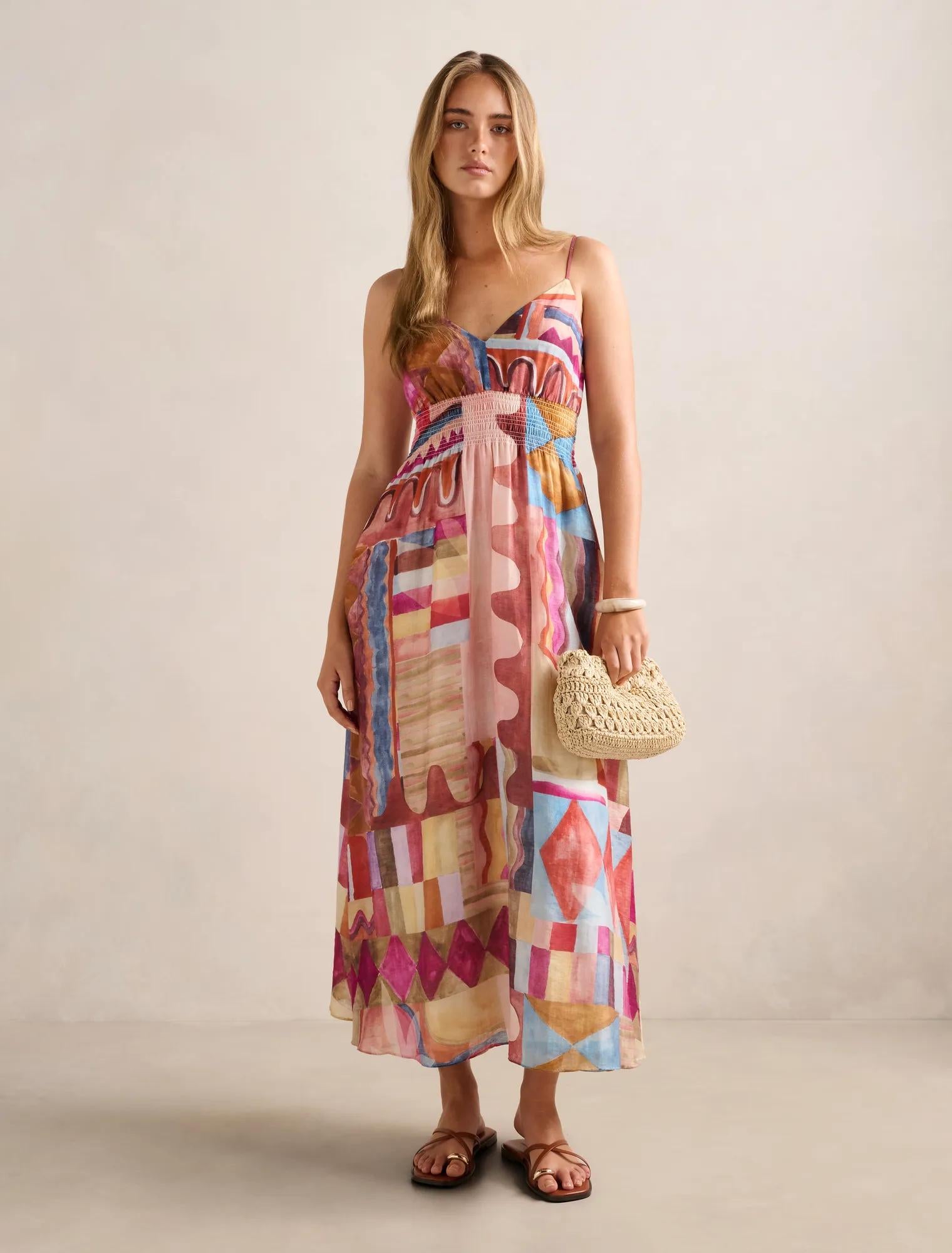 Gina Gathered Waist Midi Dress Otira Abstract