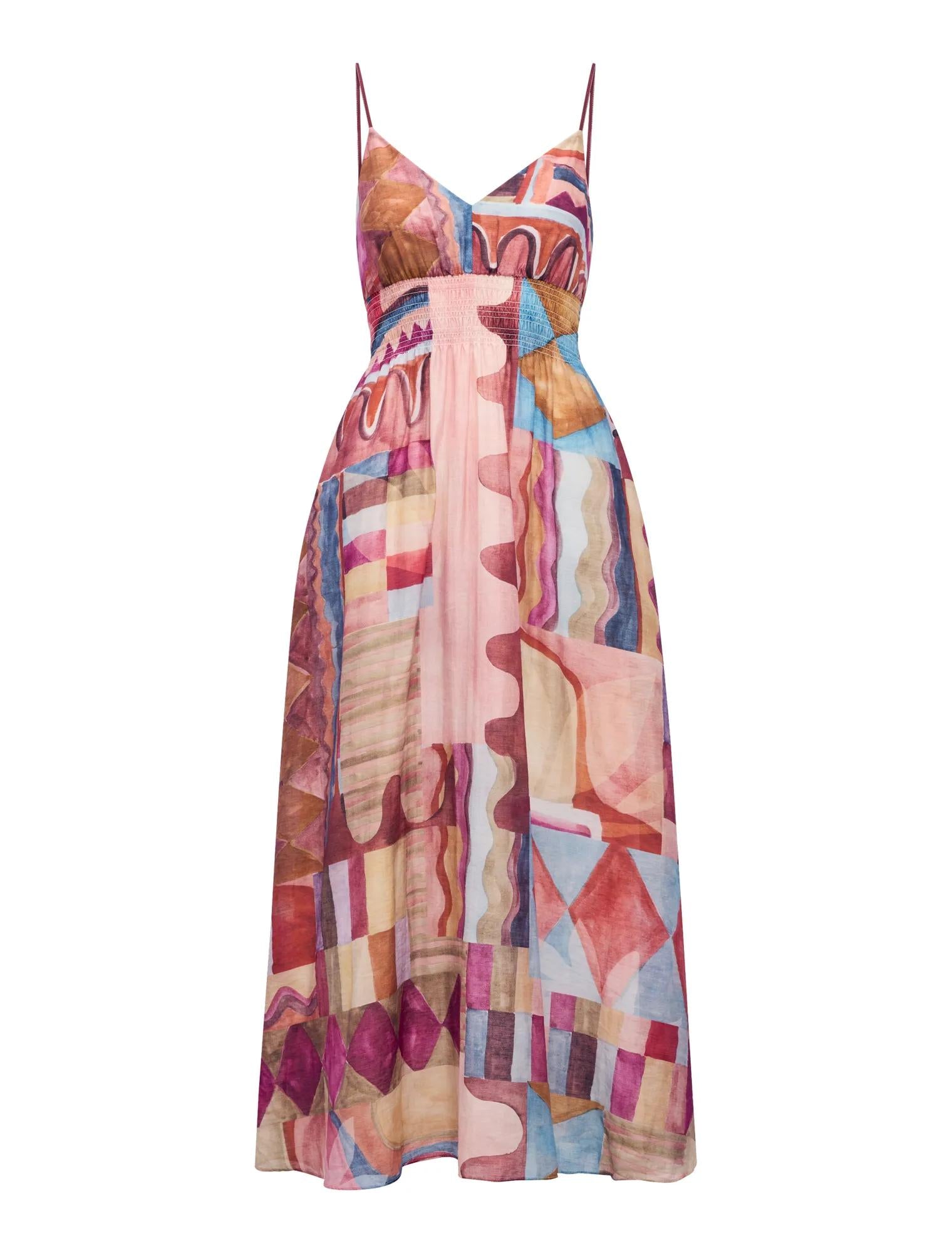 Gina Gathered Waist Midi Dress Otira Abstract_mannequin