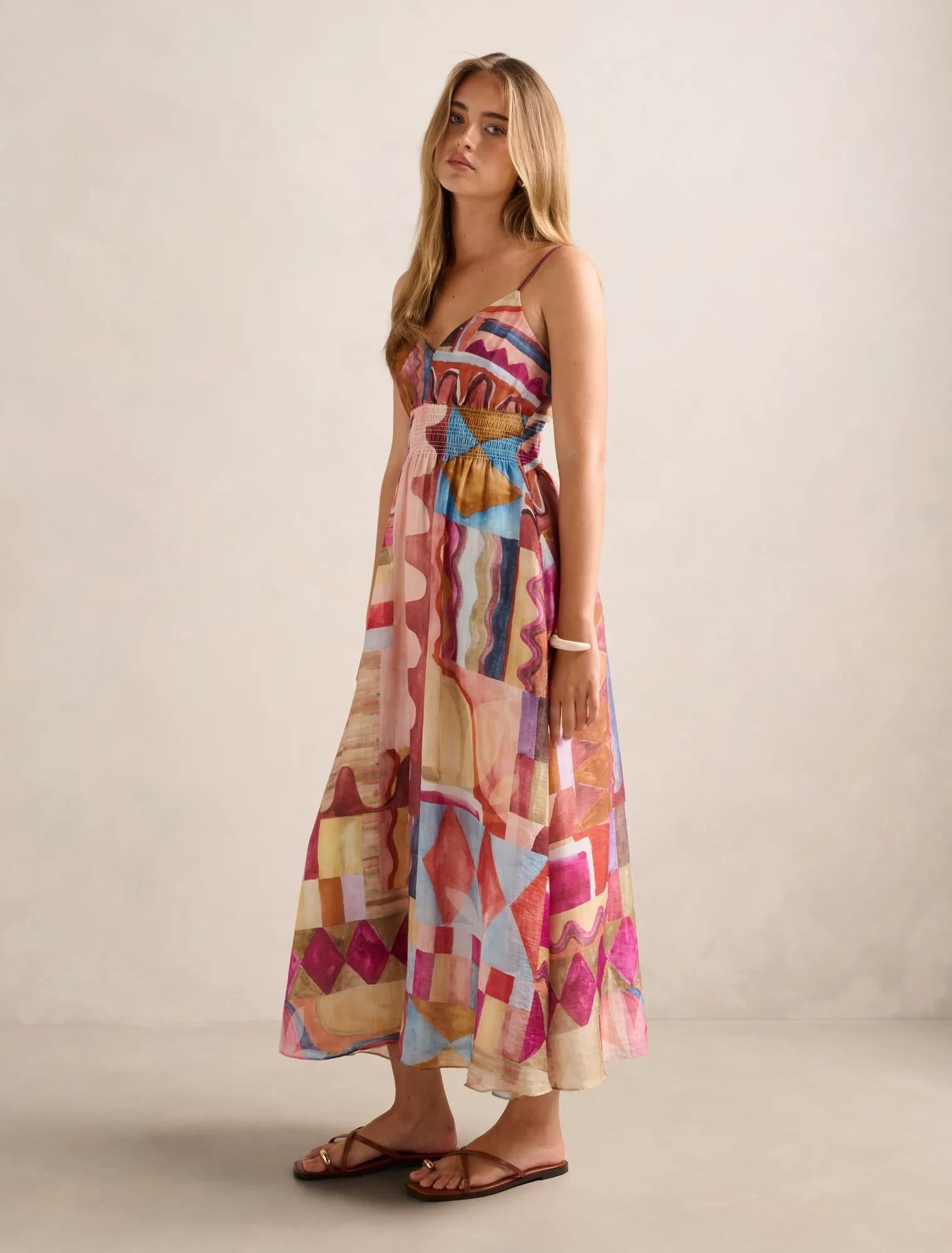 Gina Gathered Waist Midi Dress Otira Abstract