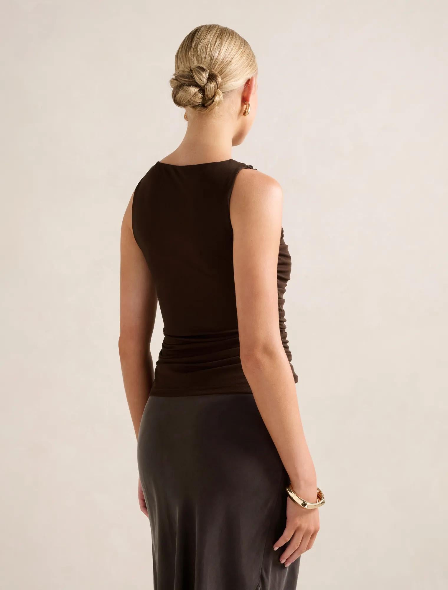 Pippa Ruched Boat Neck Top Chocolate