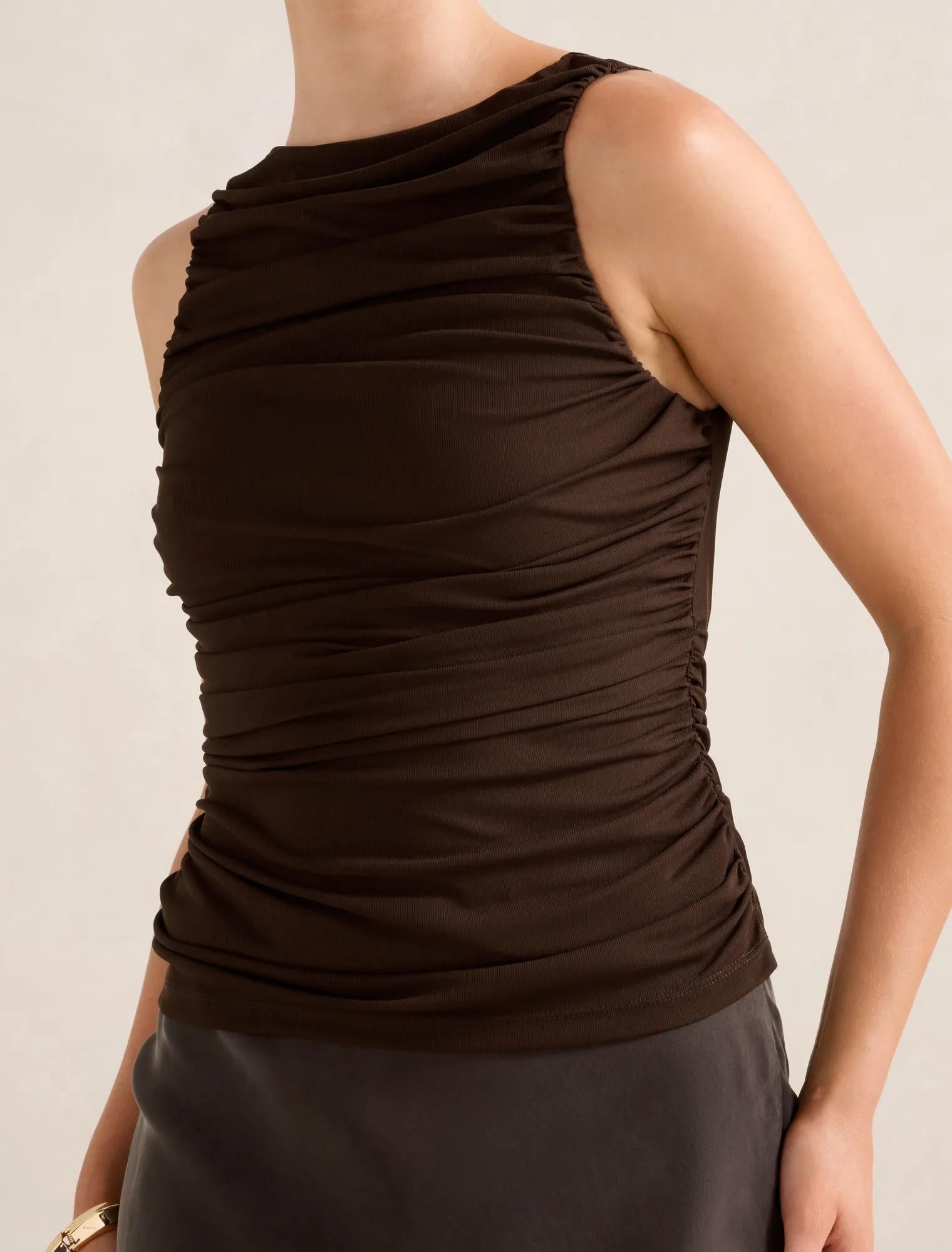 Pippa Ruched Boat Neck Top Chocolate