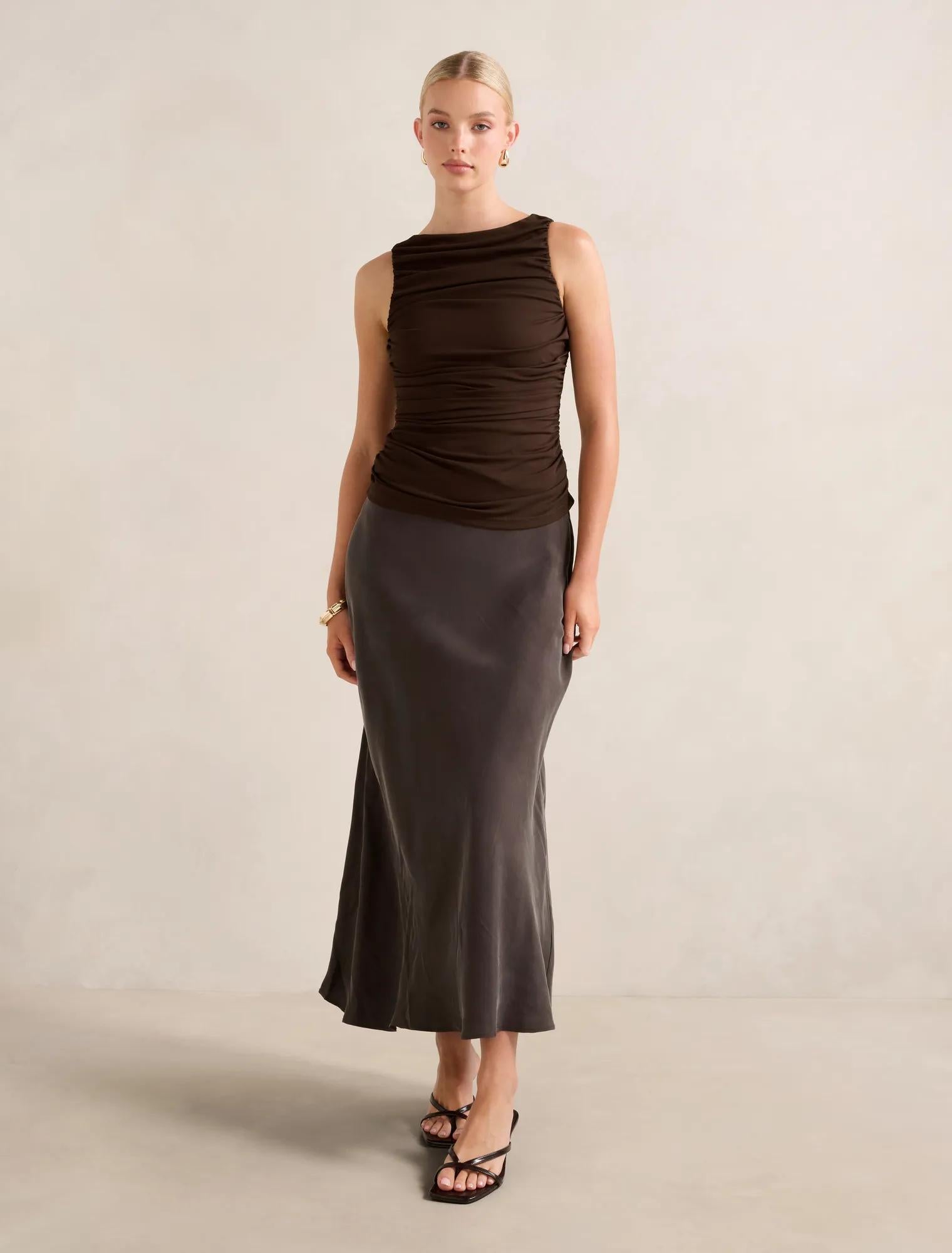 Pippa Ruched Boat Neck Top Chocolate
