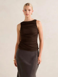 Pippa Ruched Boat Neck Top Chocolate