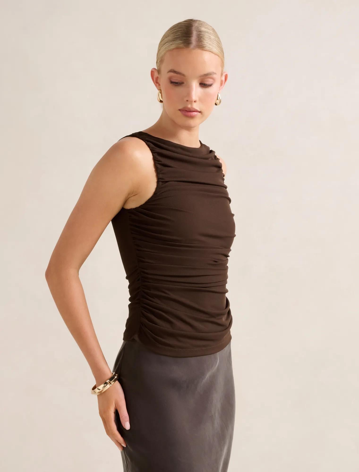 Pippa Ruched Boat Neck Top Chocolate