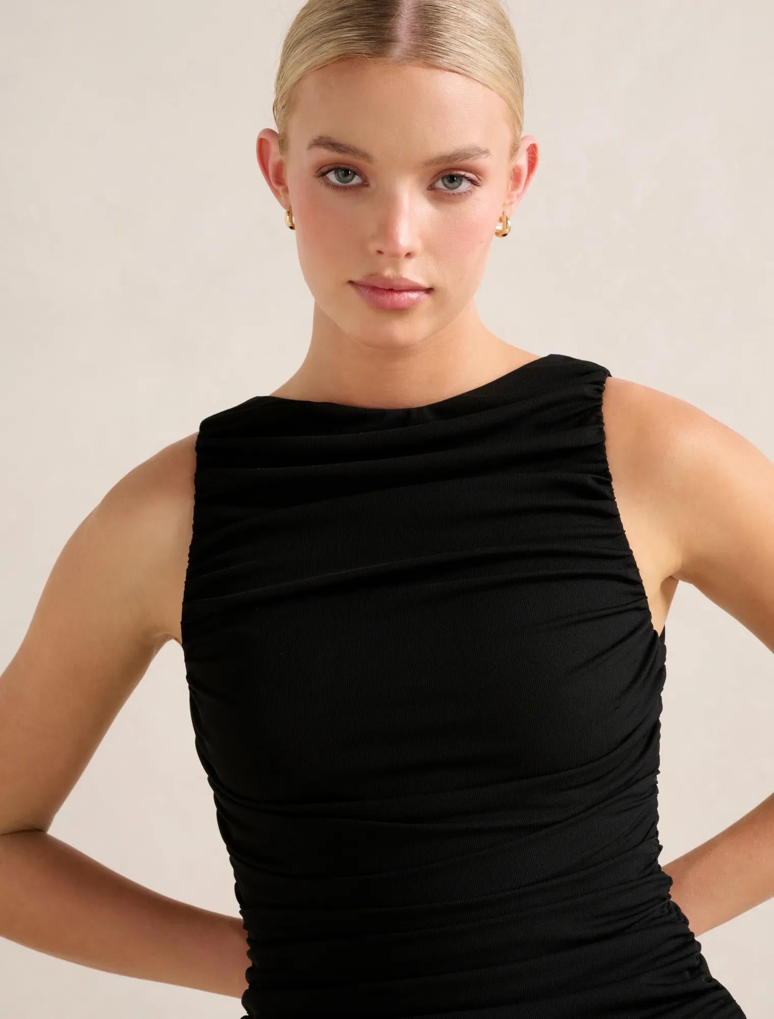 Pippa Ruched Boat Neck Top Black