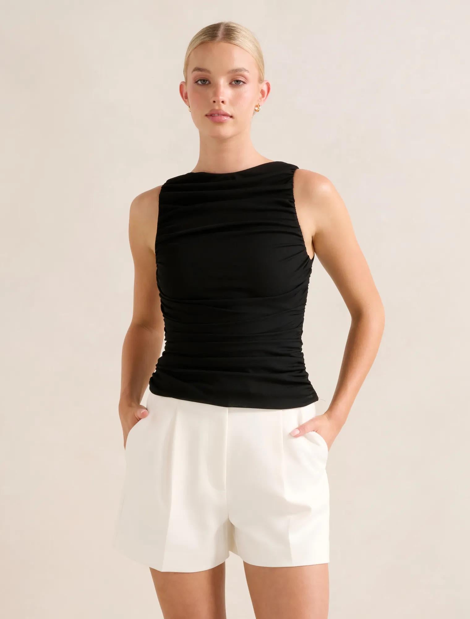 Pippa Ruched Boat Neck Top Black