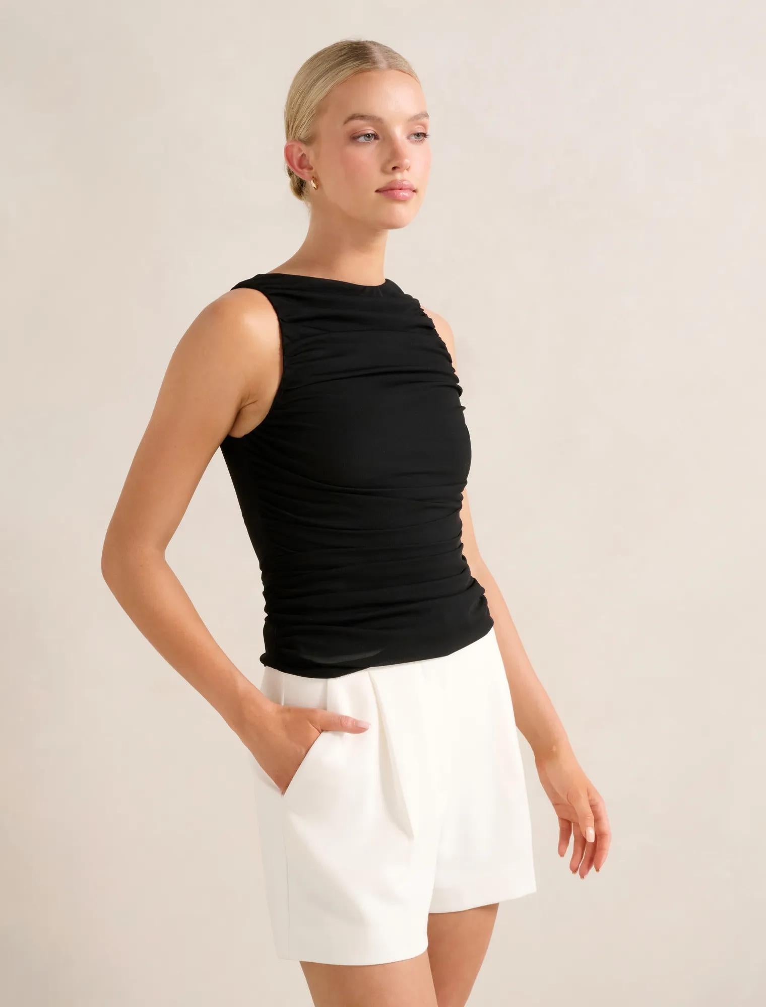 Pippa Ruched Boat Neck Top Black