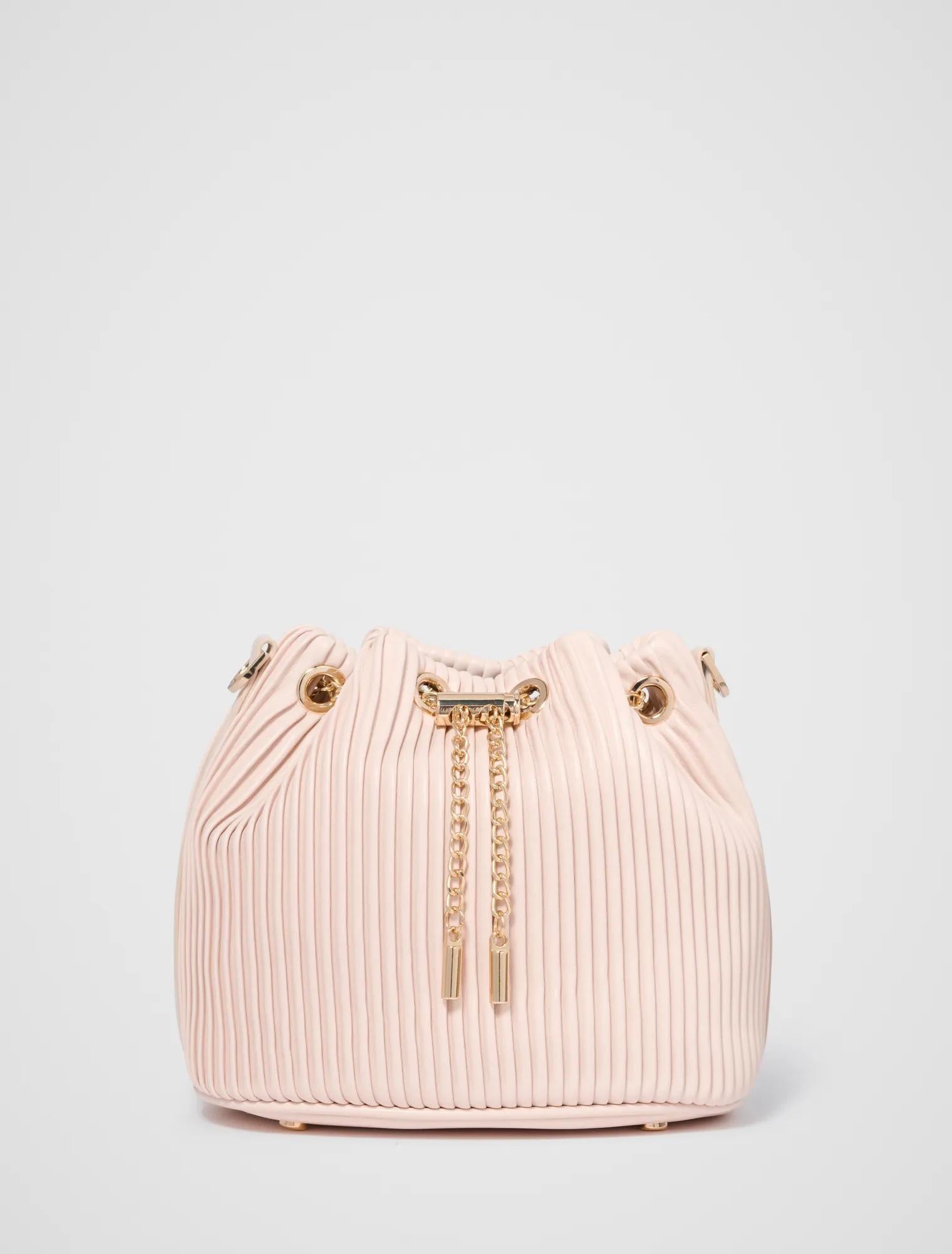 Dahlia Drawstring Pleat Bucket Bag Rose_mannequin