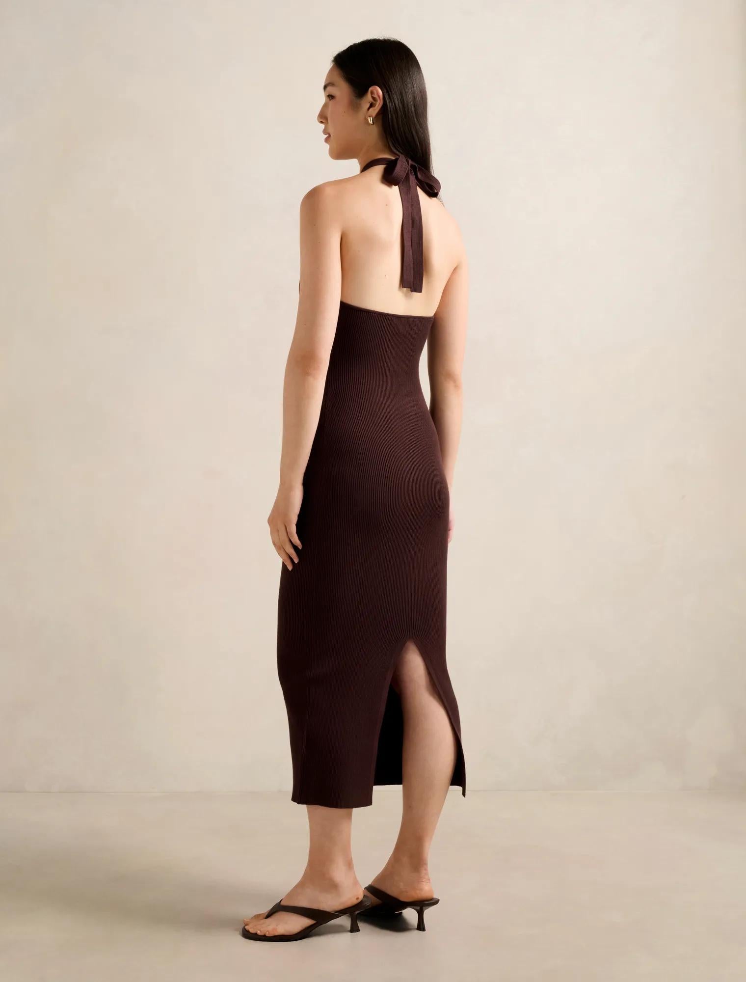 Tara Beaded Halter Knit Dress Chocolate