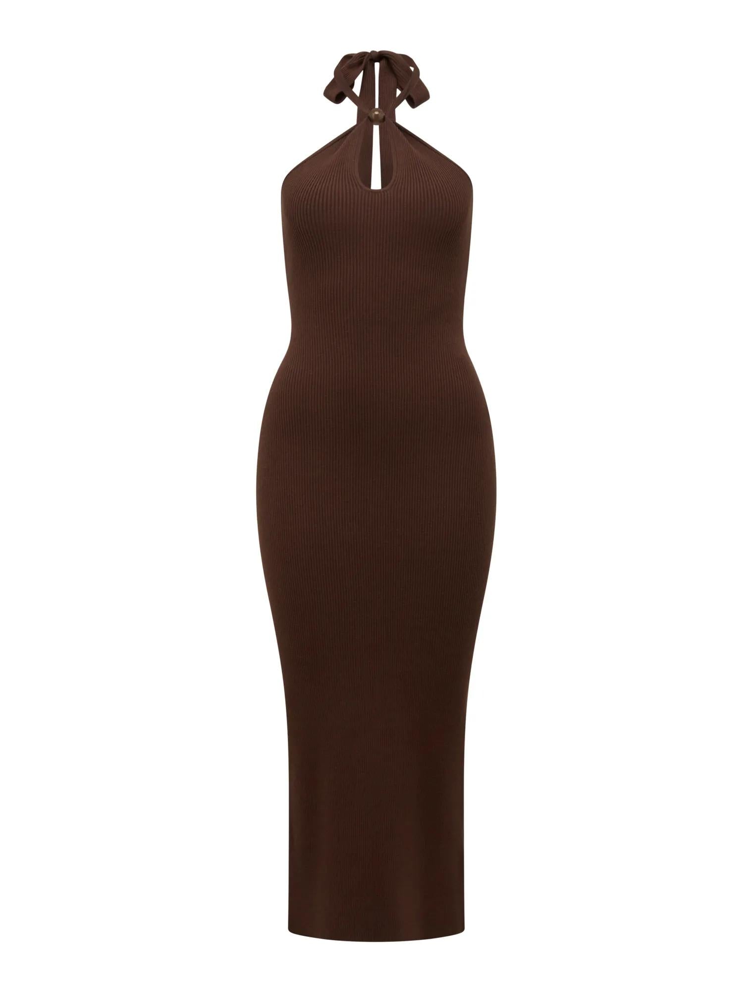 Tara Beaded Halter Knit Dress Chocolate_mannequin