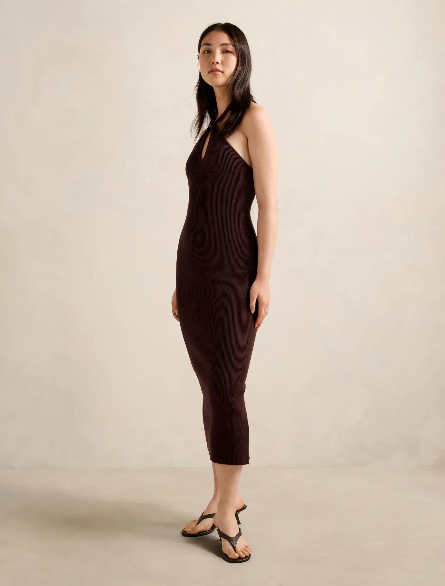 Tara Beaded Halter Knit Dress Chocolate