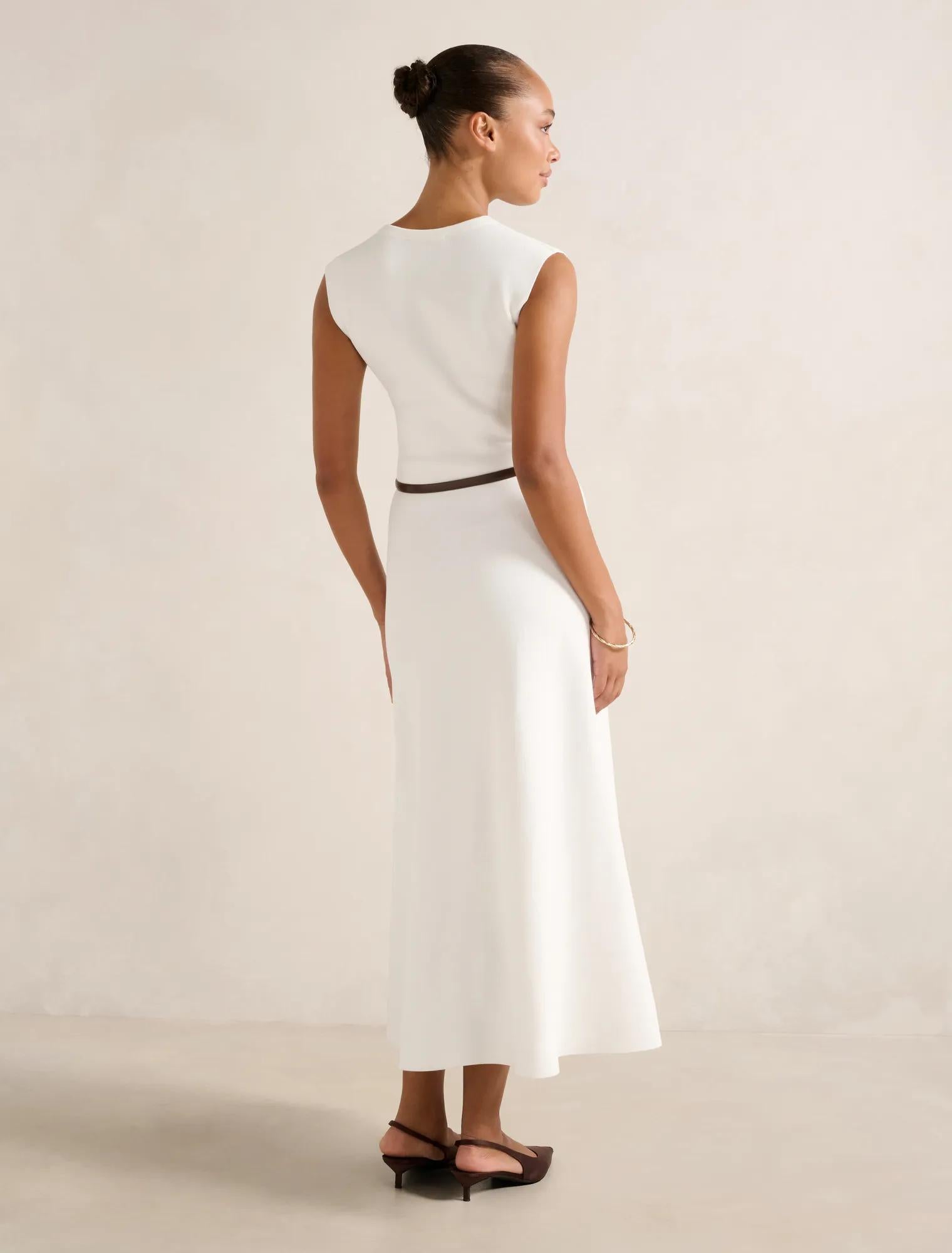 Celia Extended Shoulder Knit Midi Dress Cream