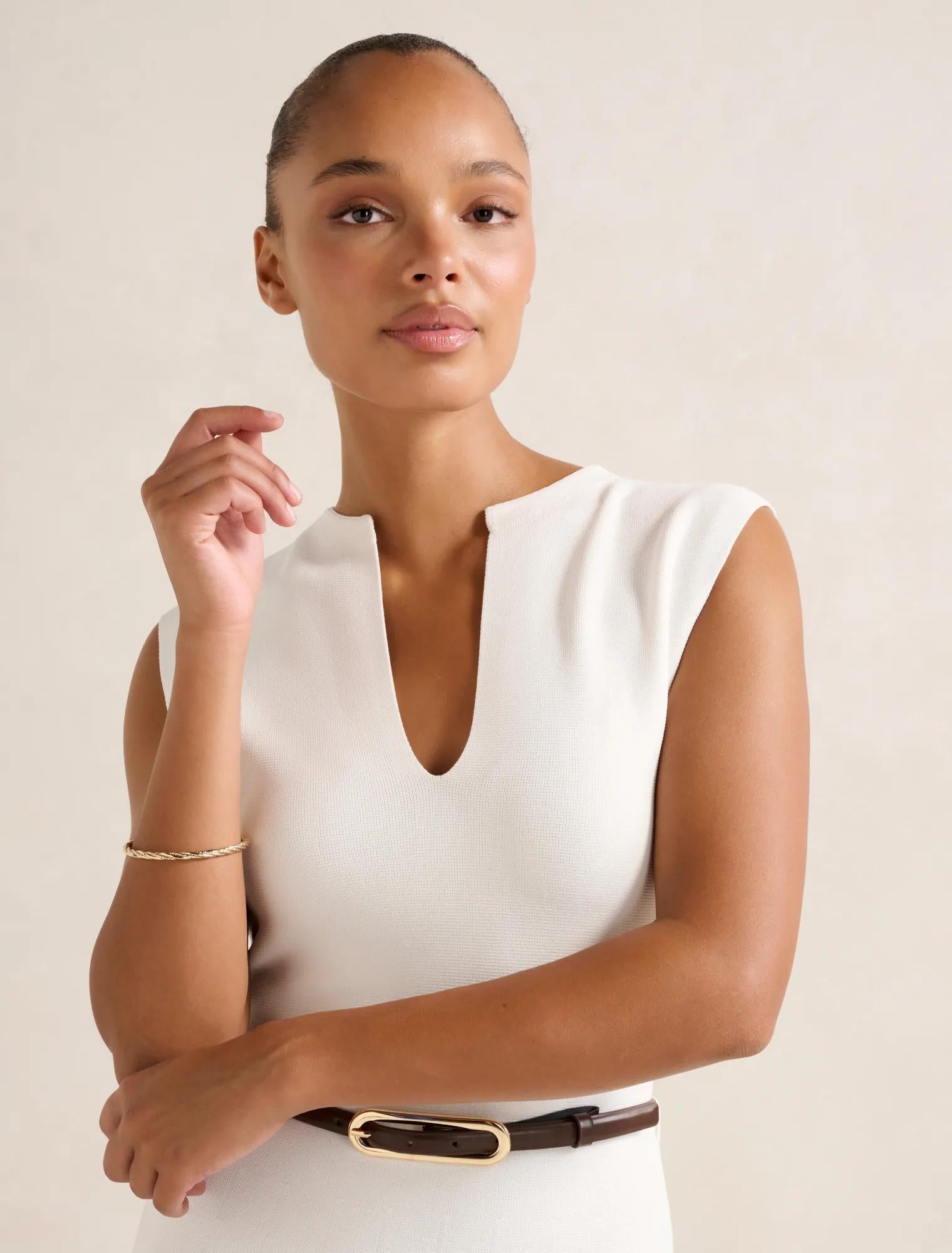 Celia Extended Shoulder Knit Midi Dress Cream