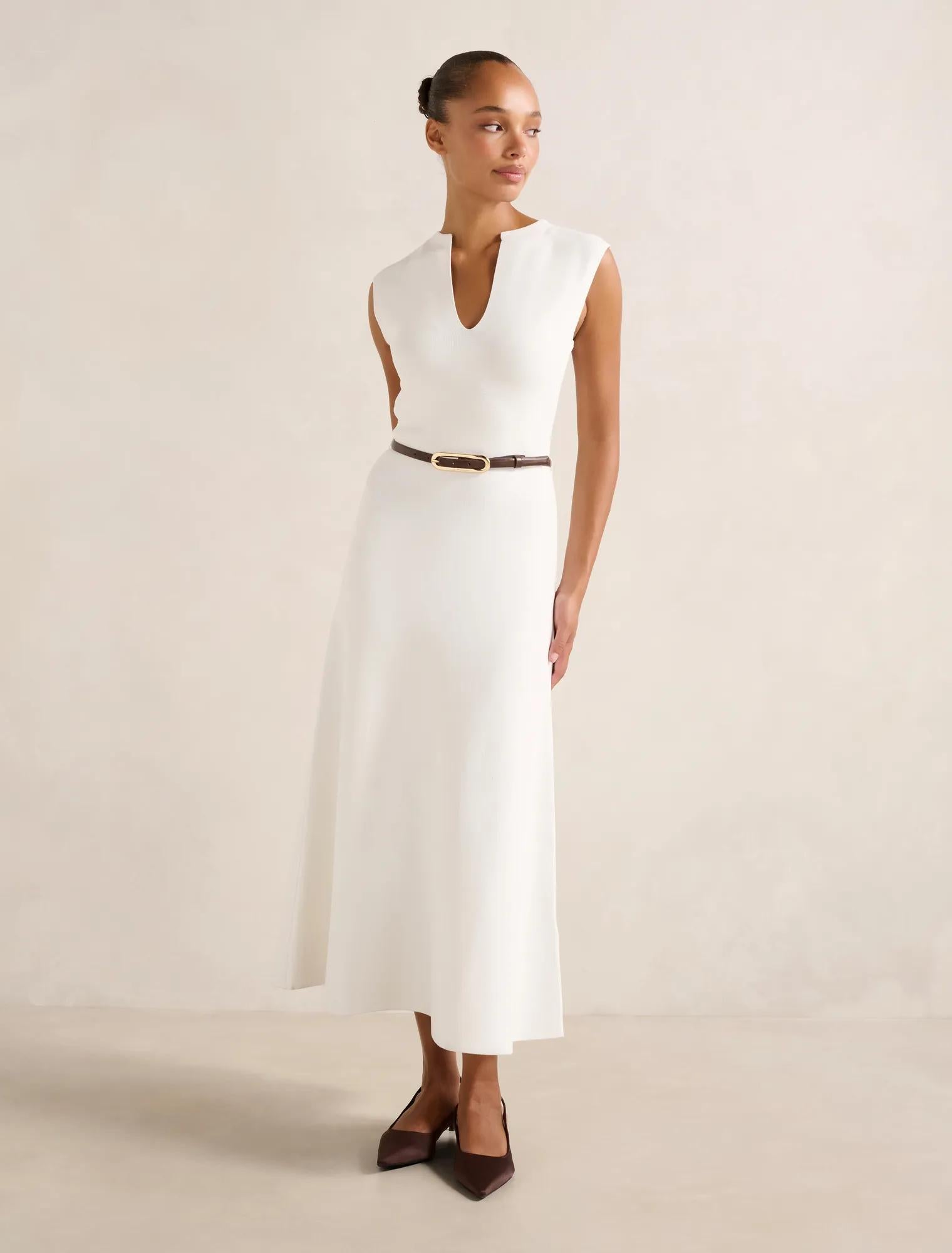 Celia Extended Shoulder Knit Midi Dress Cream