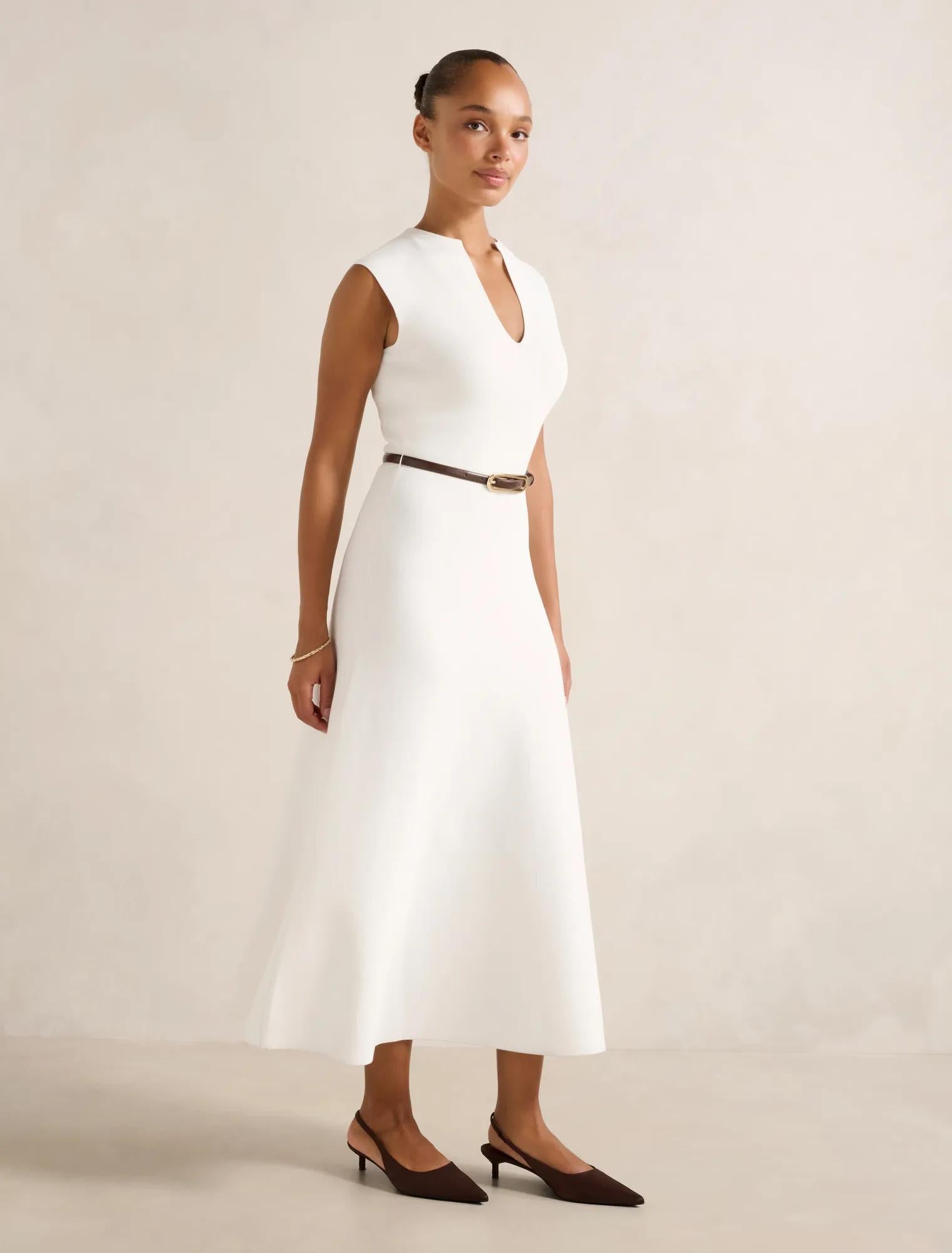 Celia Extended Shoulder Knit Midi Dress Cream