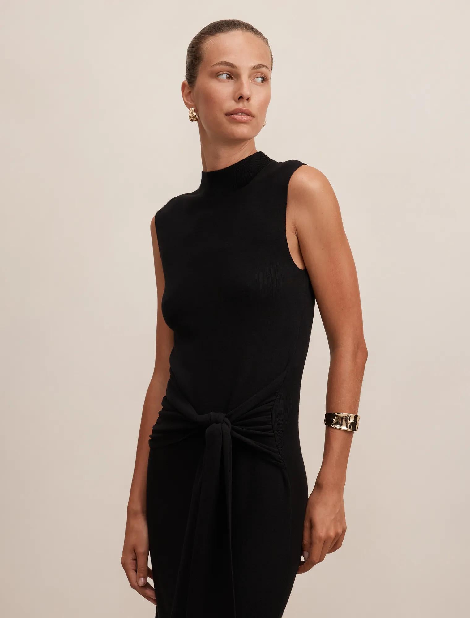 Margot Wrap Detail Knit Midi Dress Black