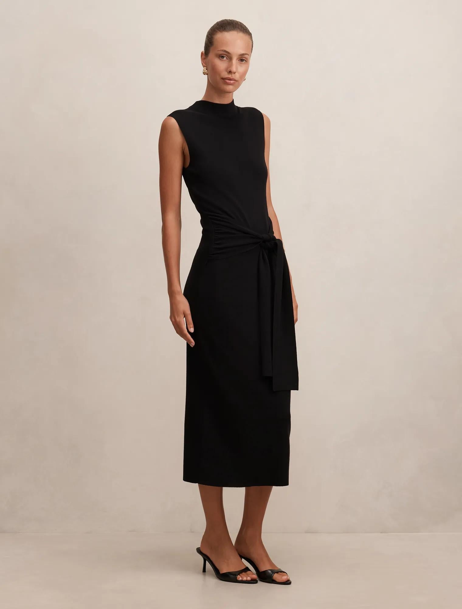 Margot Wrap Detail Knit Midi Dress Black