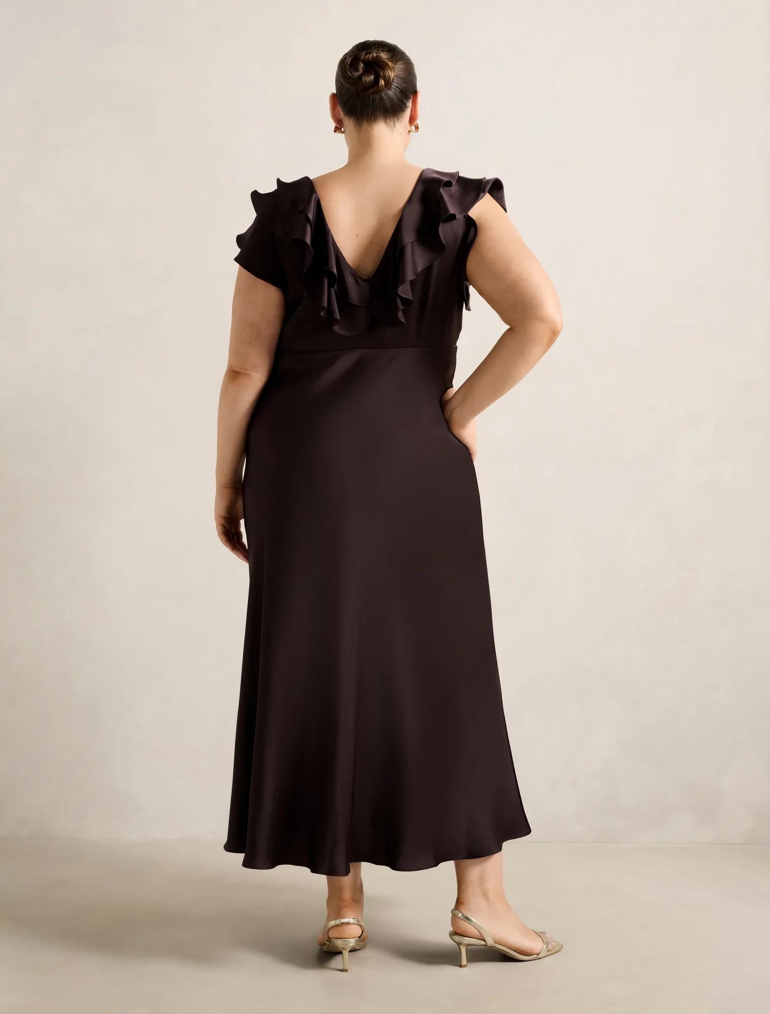 Zabrina Curve Ruffle Satin Dress Dark Chocolate