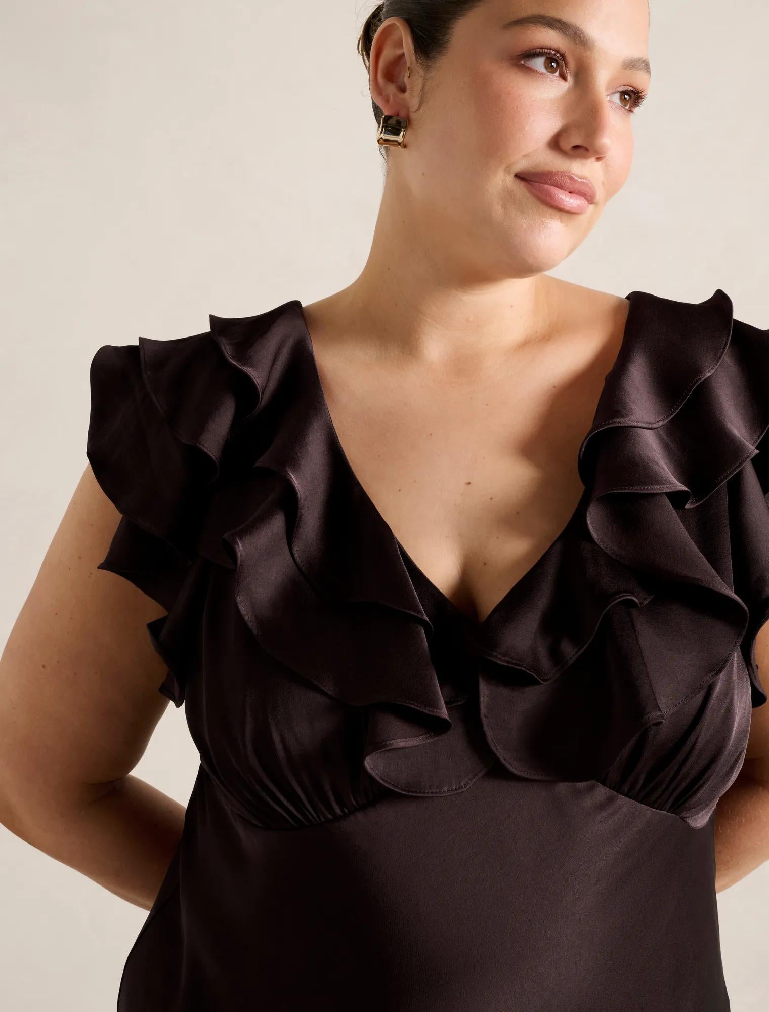 Zabrina Curve Ruffle Satin Dress Dark Chocolate