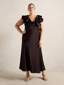 Zabrina Curve Ruffle Satin Dress Dark Chocolate