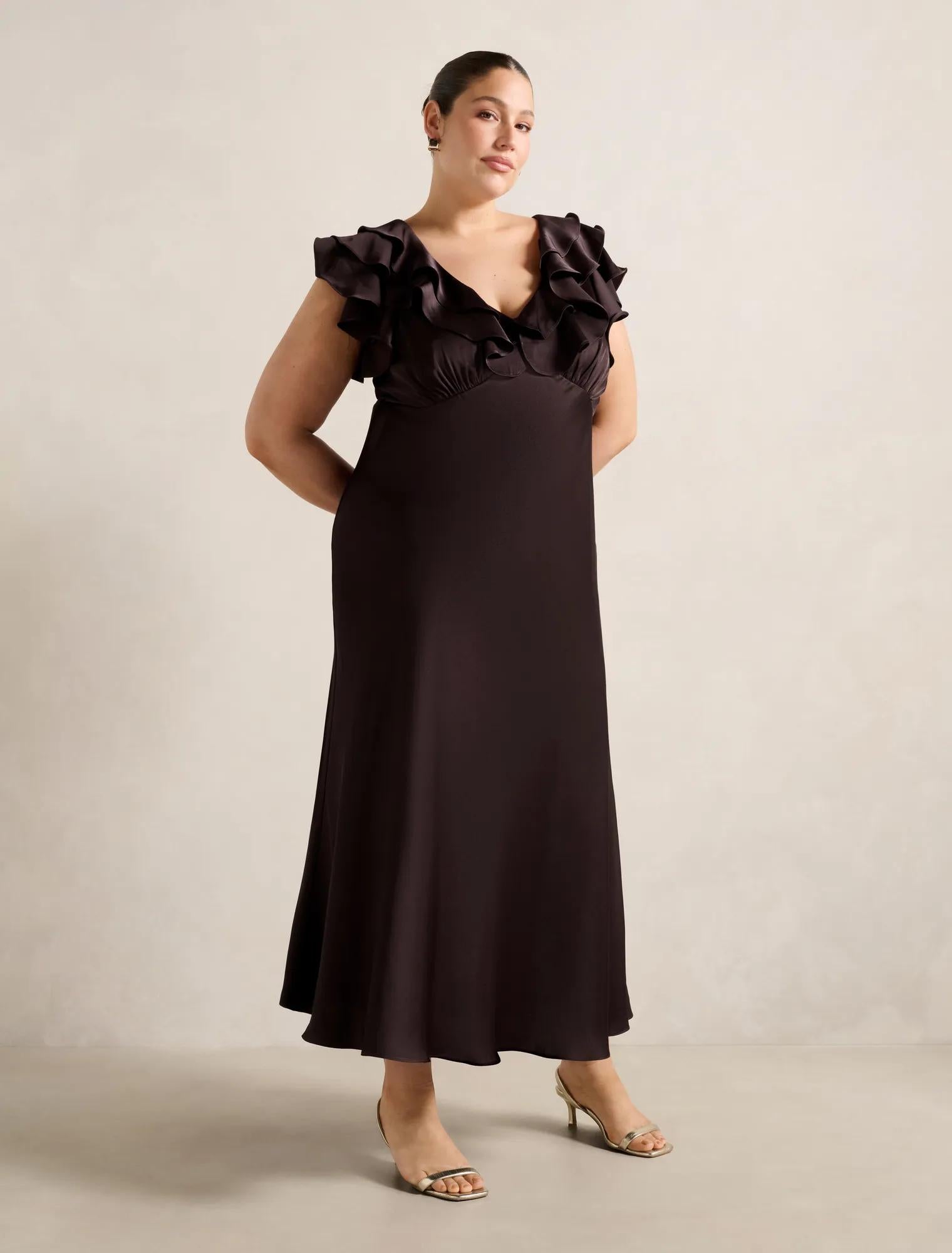 Zabrina Curve Ruffle Satin Dress Dark Chocolate