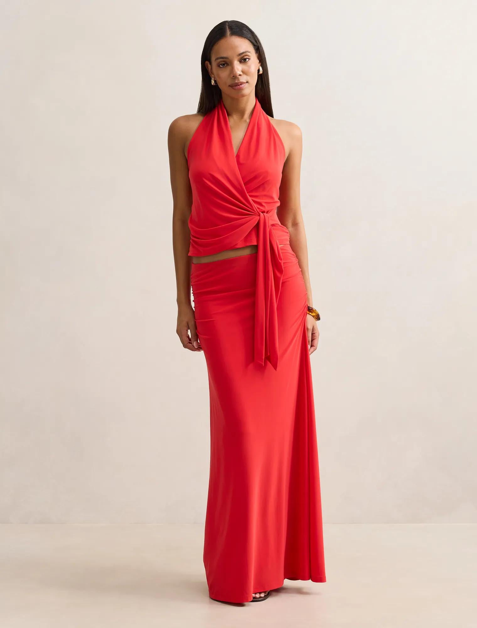 Mimi Flute Maxi Skirt Bright Red Co-ord
