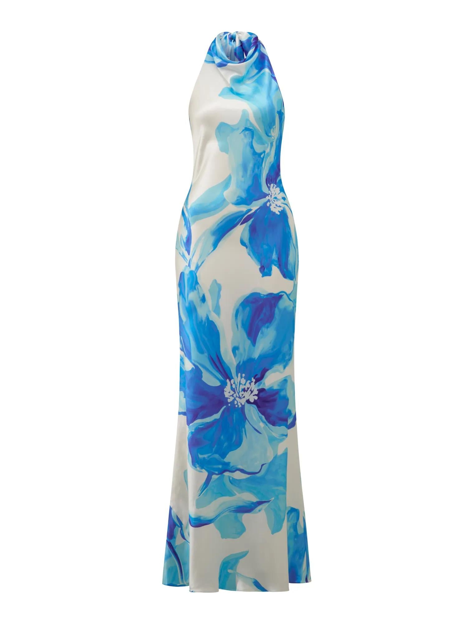 Clementine High Neck Satin Maxi Blue Maia Floral_mannequin