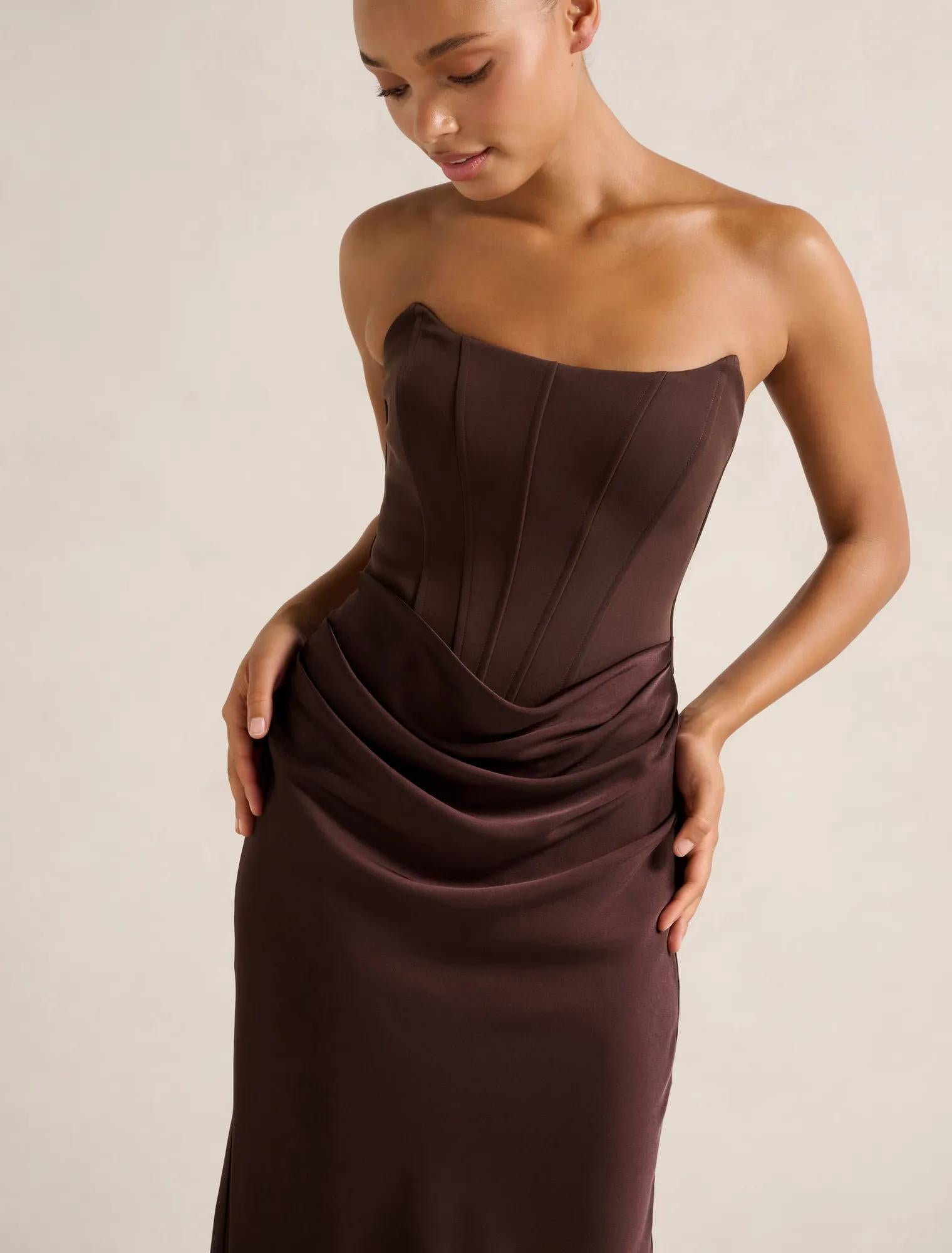 Isra Drape Strapless Maxi Dress Dark Chocolate