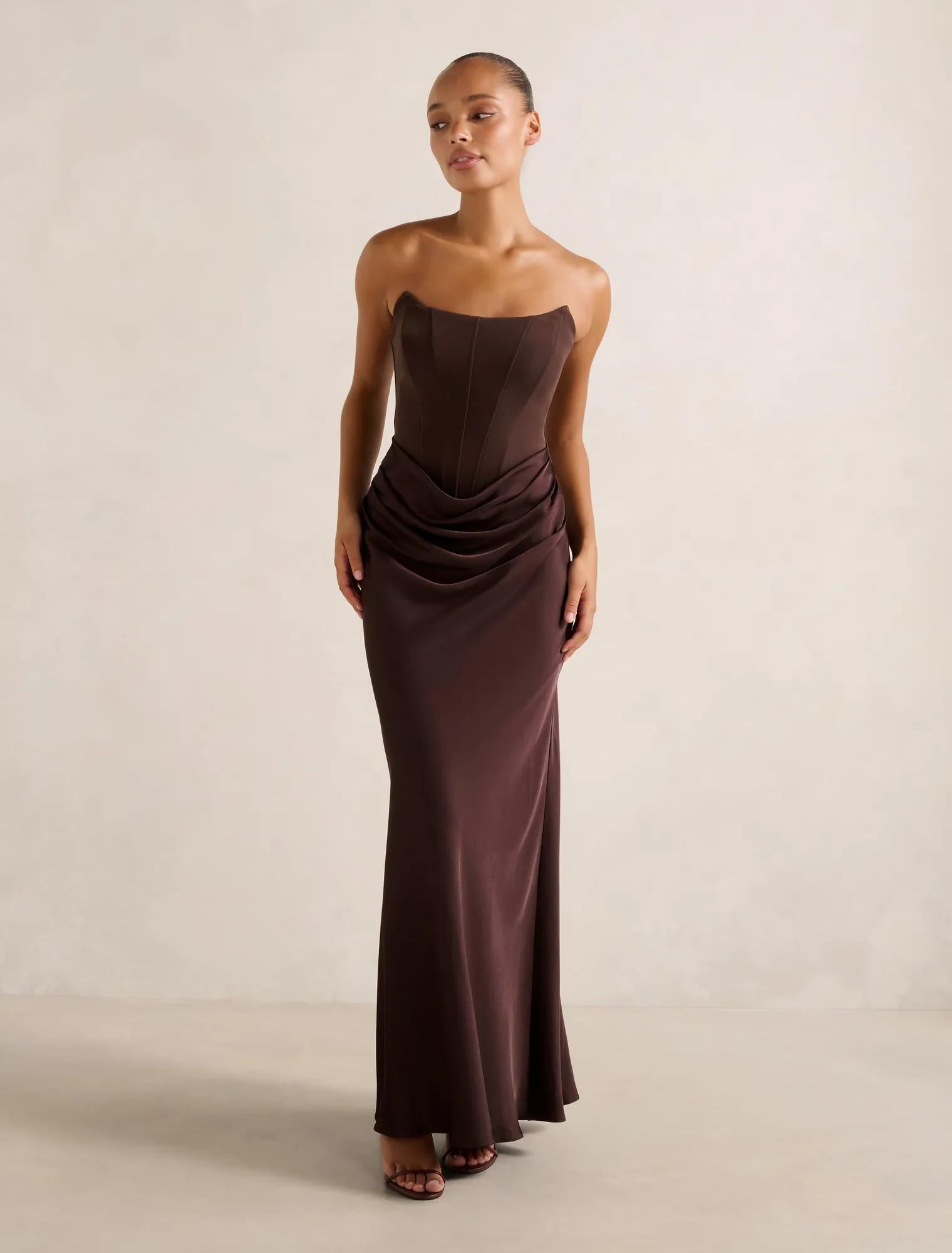Isra Drape Strapless Maxi Dress Dark Chocolate