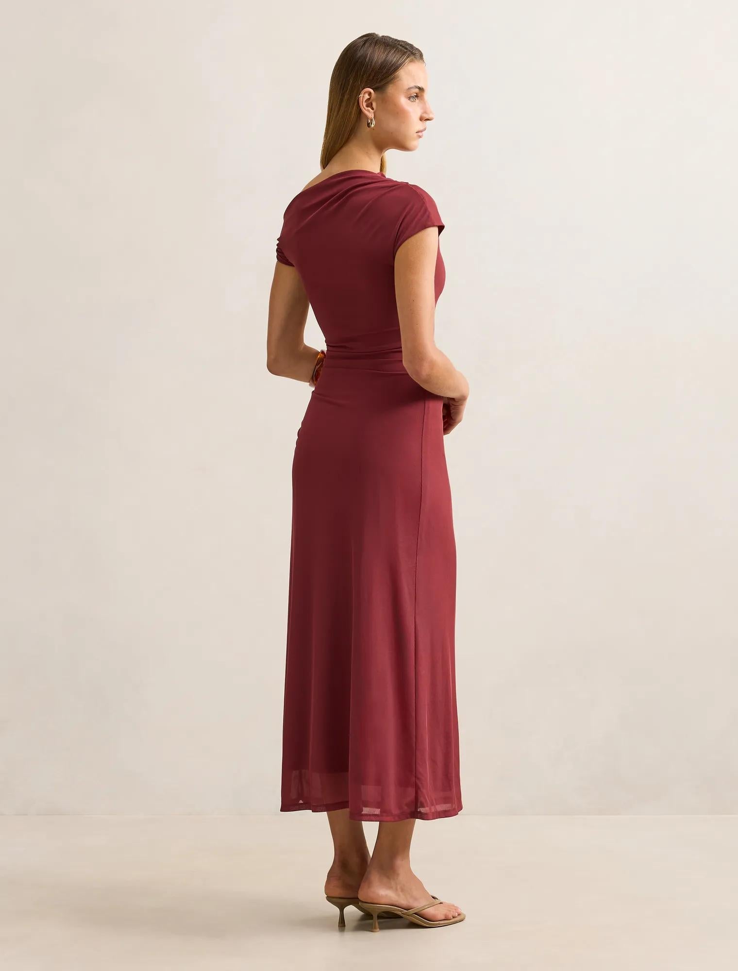 Paris Draped Mesh Midi Dress Red Currant