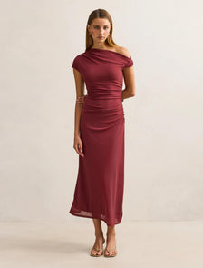 Paris Draped Mesh Midi Dress Red Currant