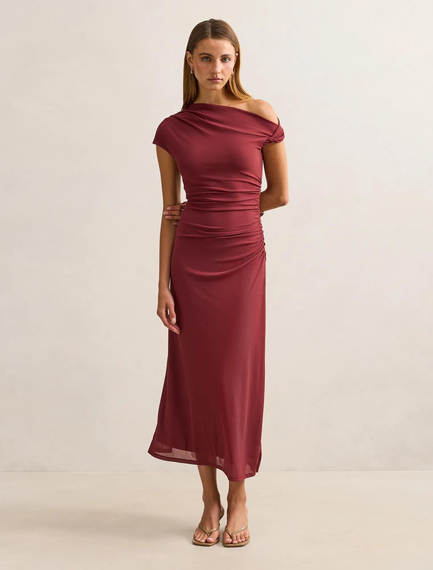 Paris Draped Mesh Midi Dress Red Currant