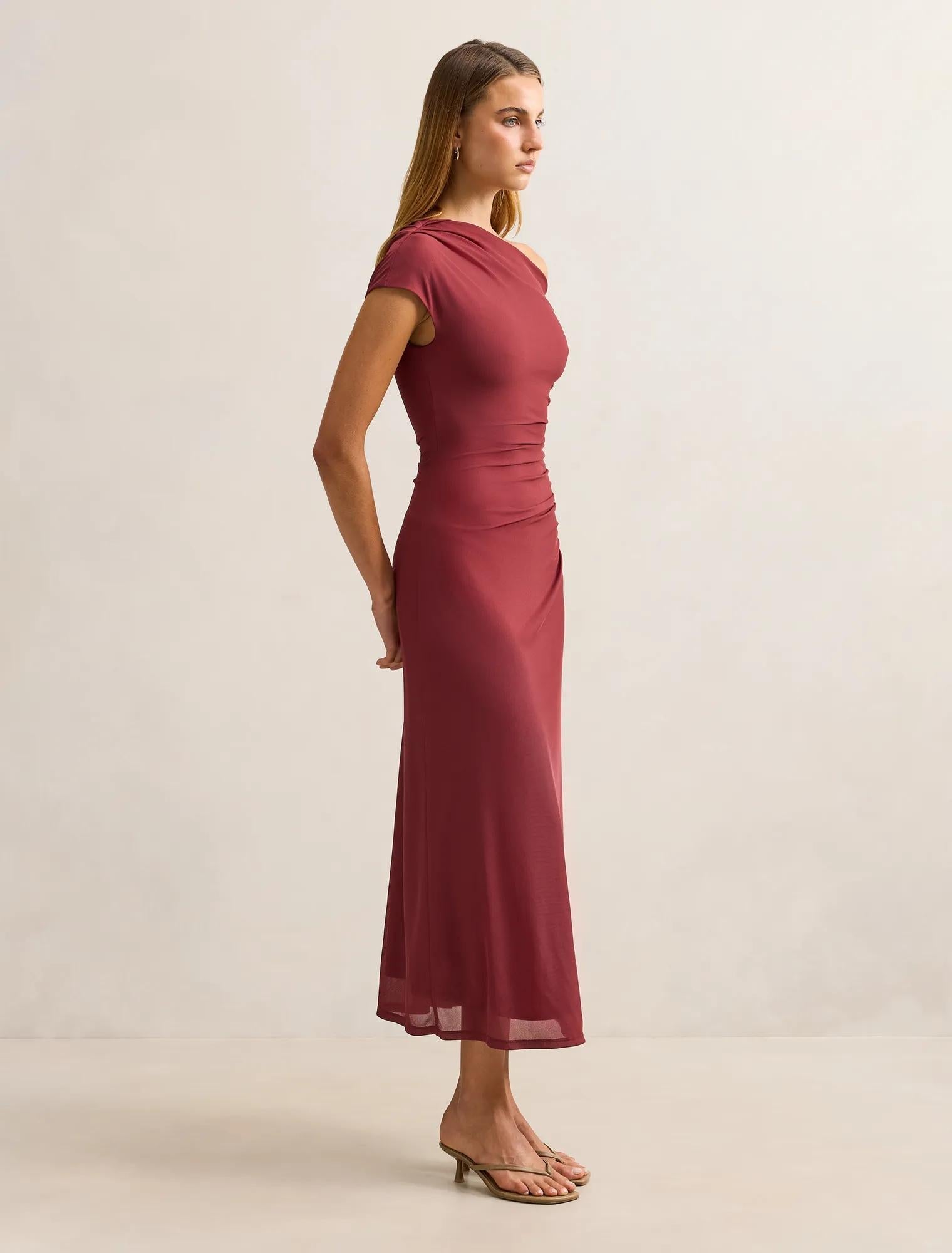 Paris Draped Mesh Midi Dress Red Currant
