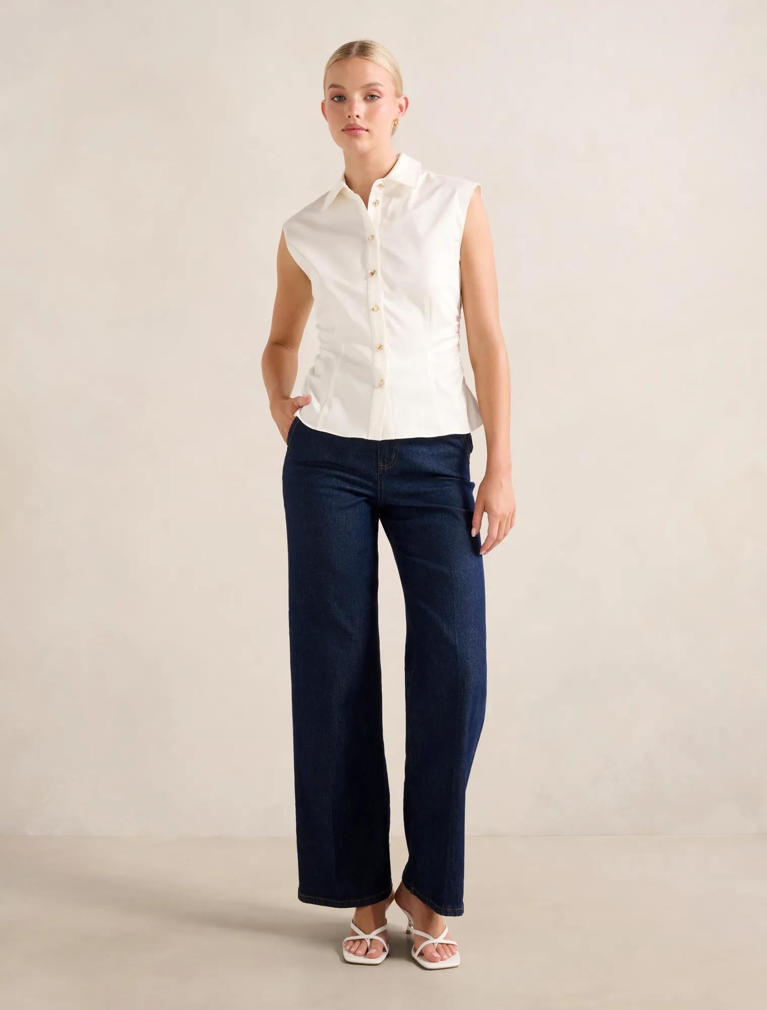 Nova Ruched Collared Top Porcelain