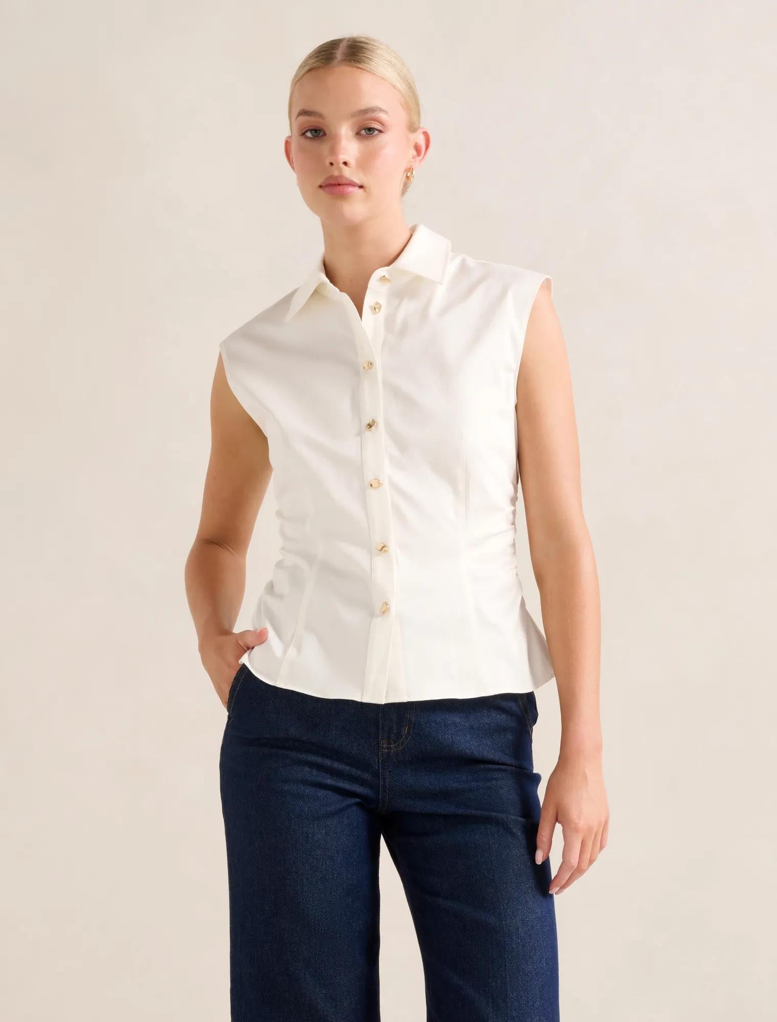 Nova Ruched Collared Top Porcelain