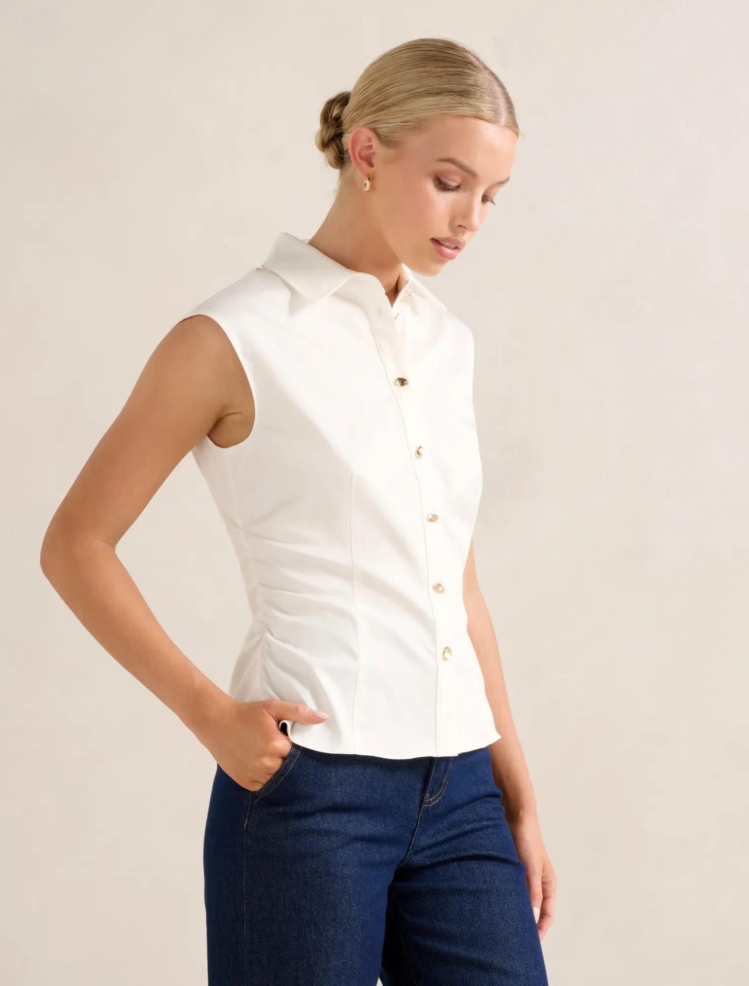Nova Ruched Collared Top Porcelain