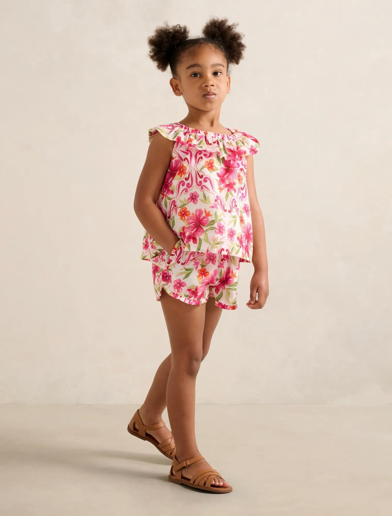 Hazel Girls Ruffle Paperbag Shorts Pink Nava Floral