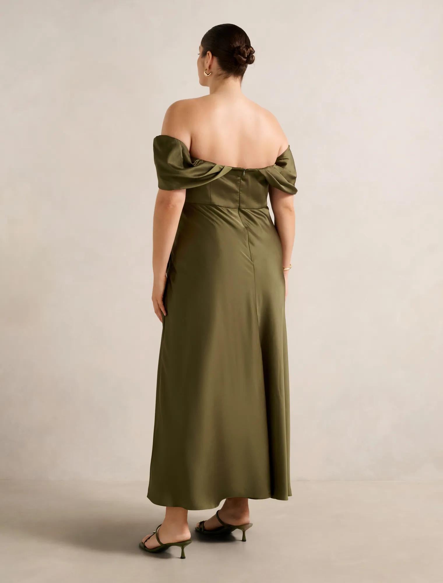 Carmella Curve Bardot Midi Dress Khaki Green