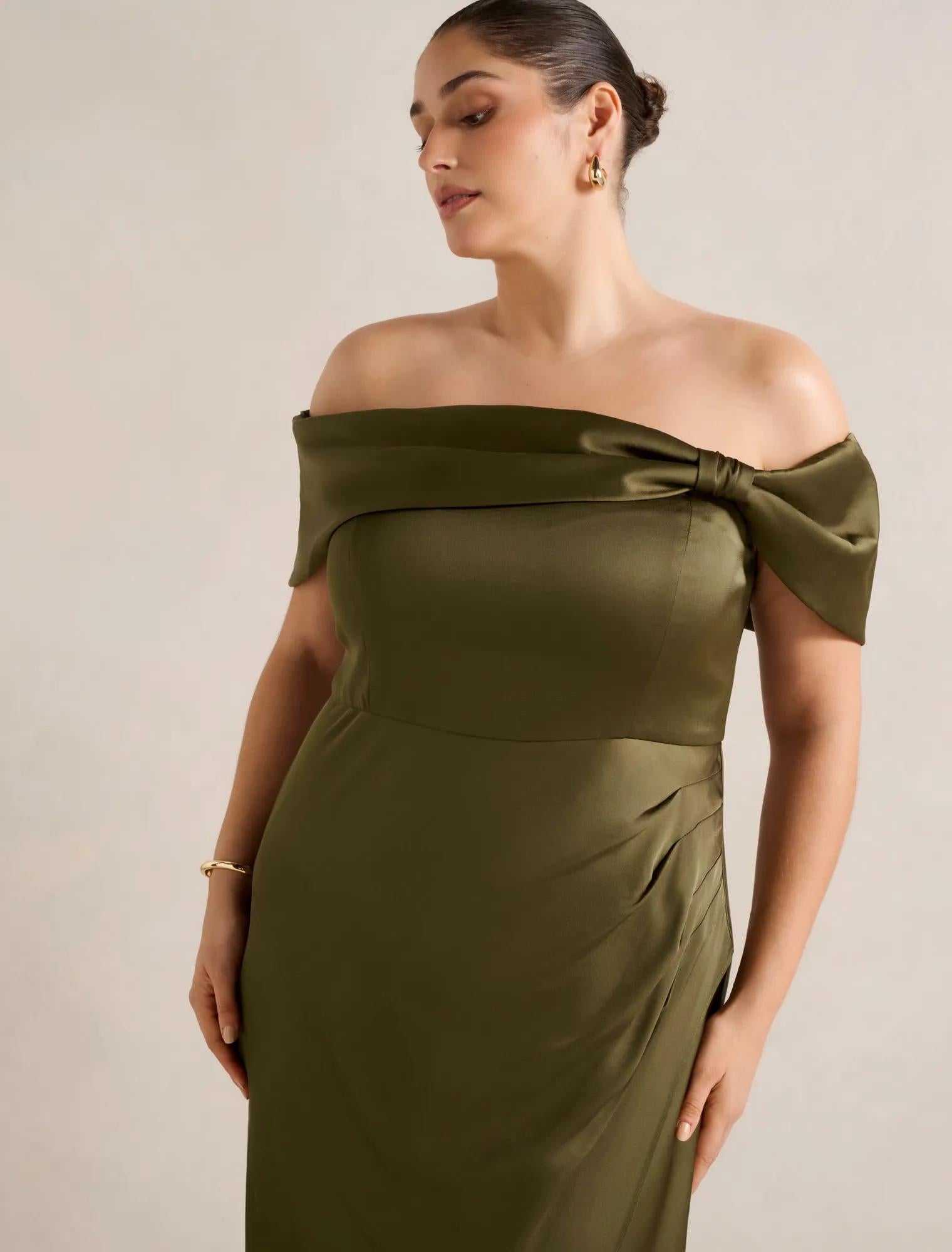 Carmella Curve Bardot Midi Dress Khaki Green