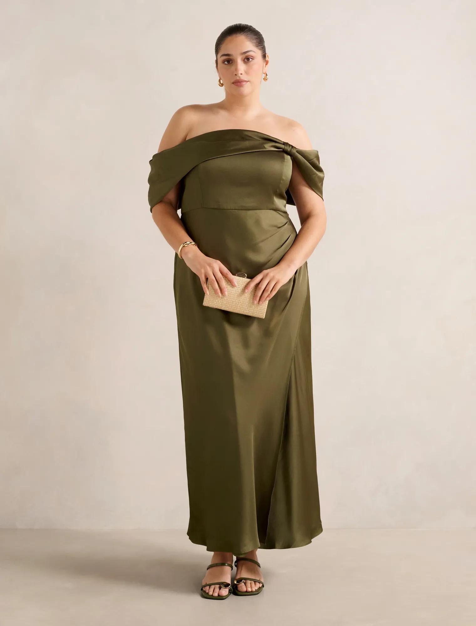 Carmella Curve Bardot Midi Dress Khaki Green