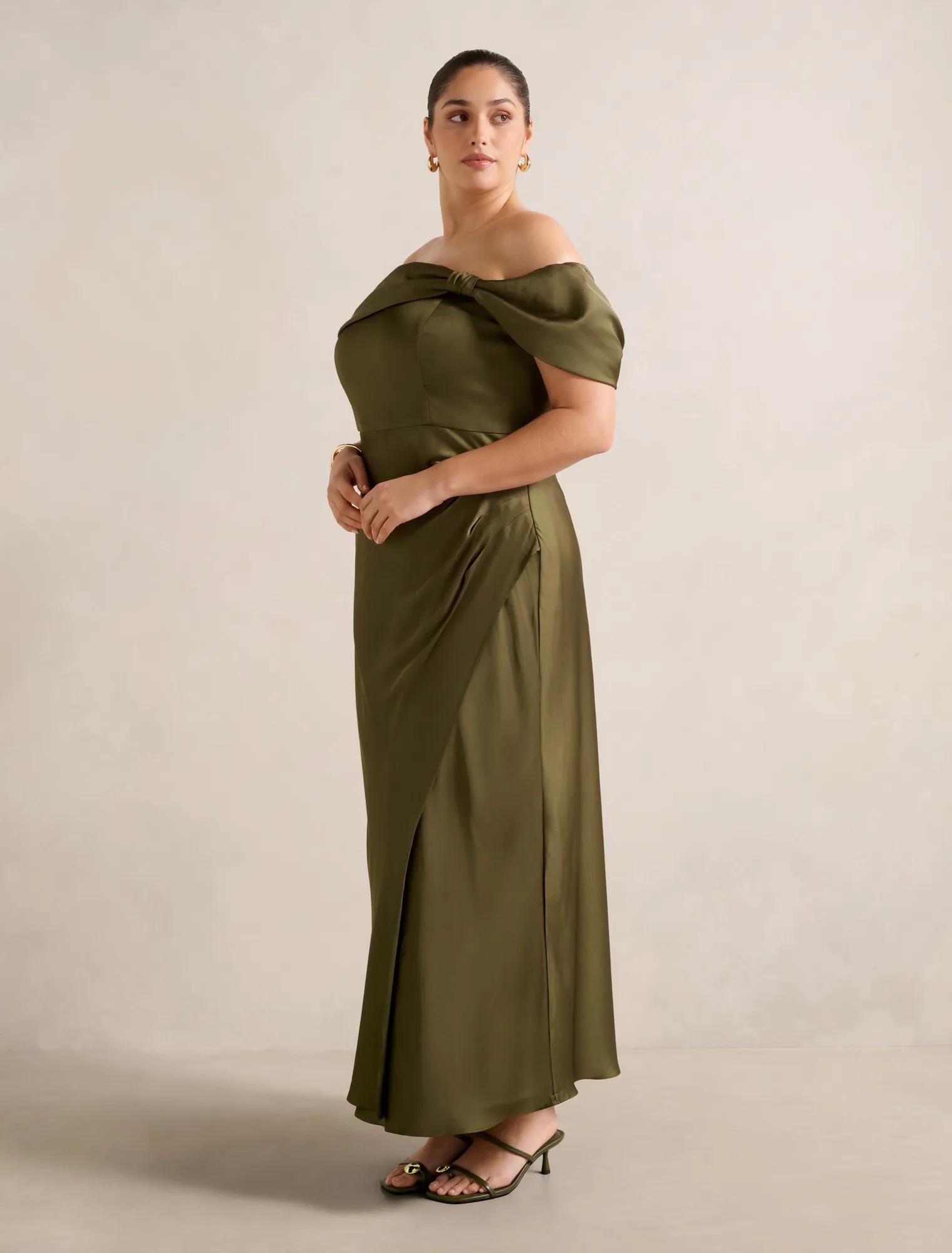 Carmella Curve Bardot Midi Dress Khaki Green