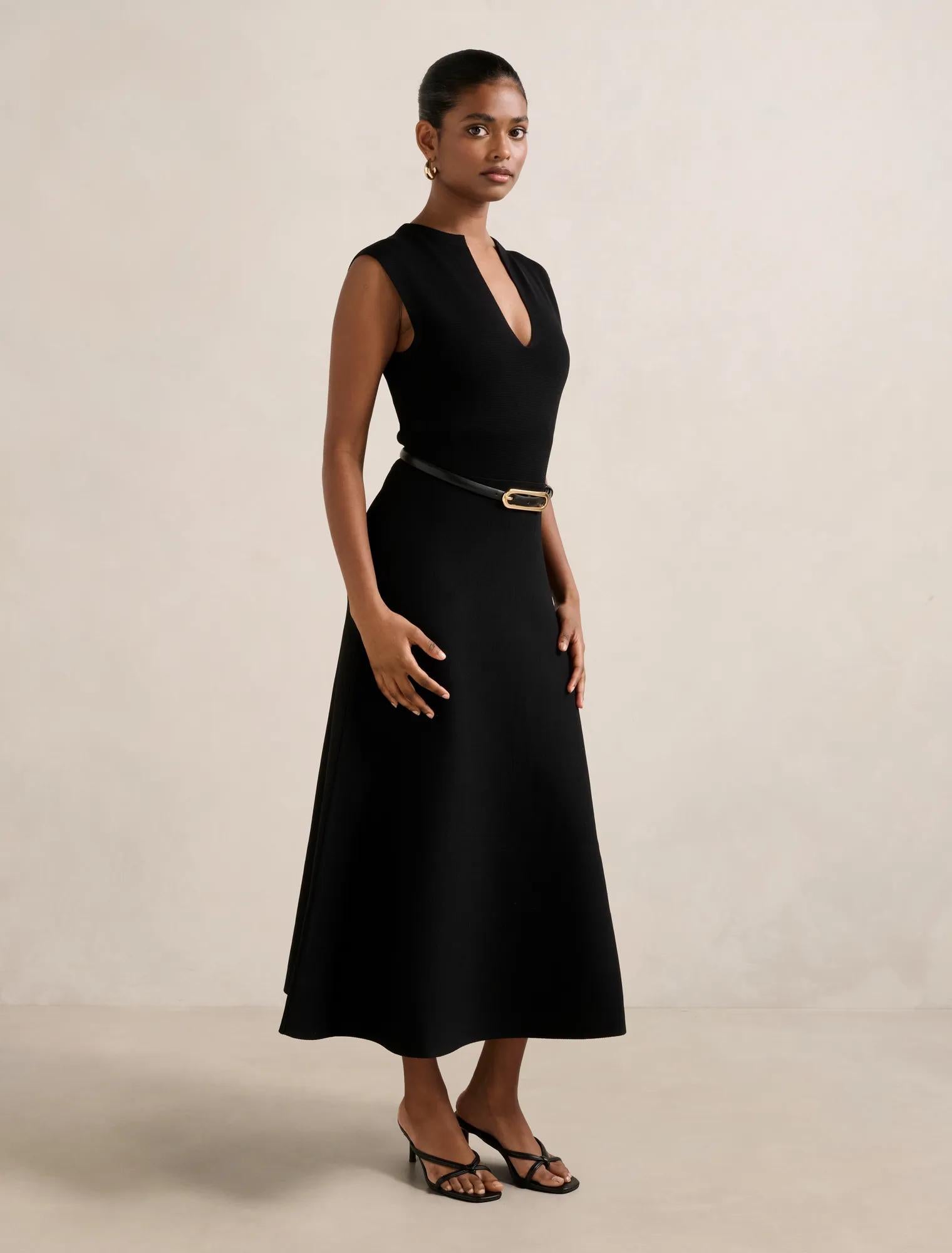 Celia Petite Extended Shoulder Midi Dress Black
