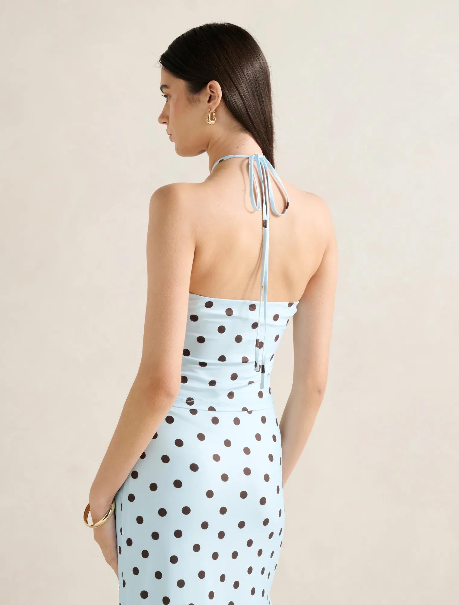 Bowie Tie Halter Top Blue Gia Spot co-ord